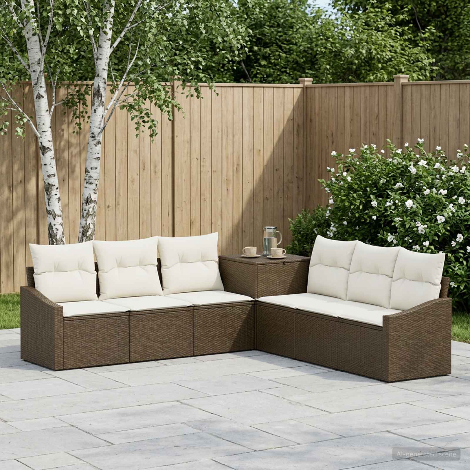 Bankstel 7 pcs Bruin en Crème Wit Poly Rattan en Staal – afbeelding 1