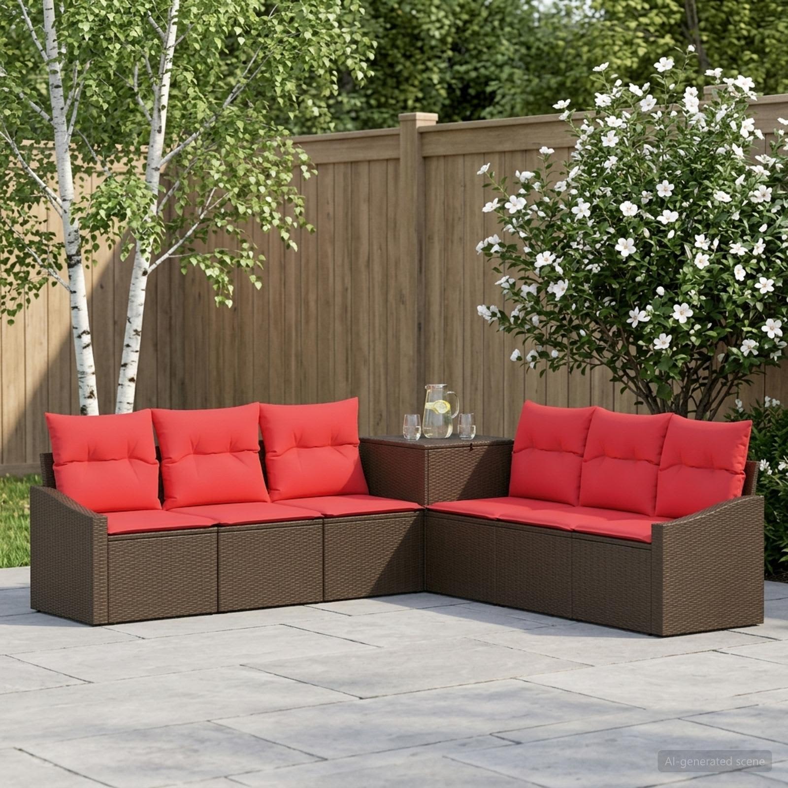 vidaXL Bankstel 7 st Bruin en Rood Poly Rattan en Staal