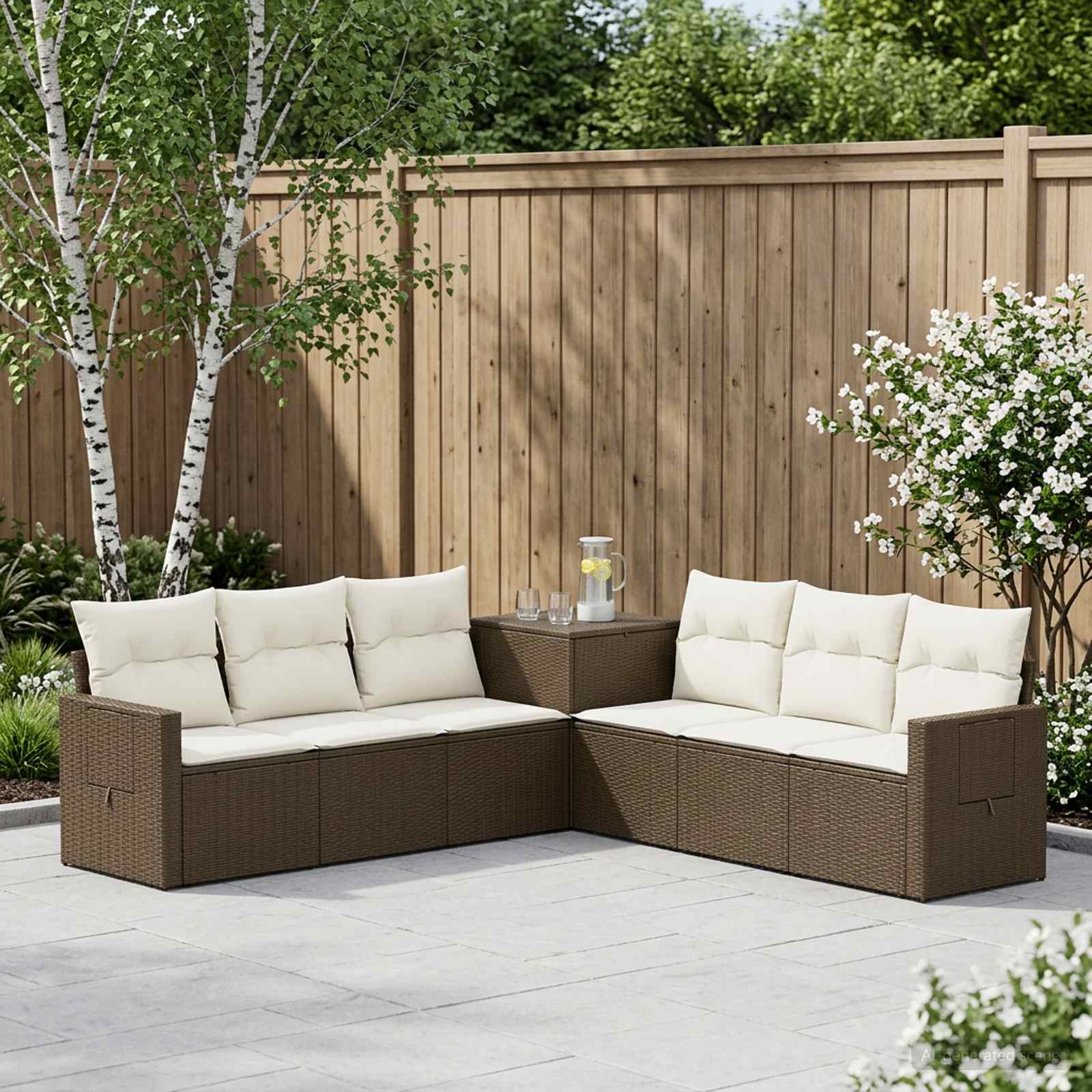 Bankstel 7 pcs Bruin en Crème Wit Poly Rattan en Staal – afbeelding 1