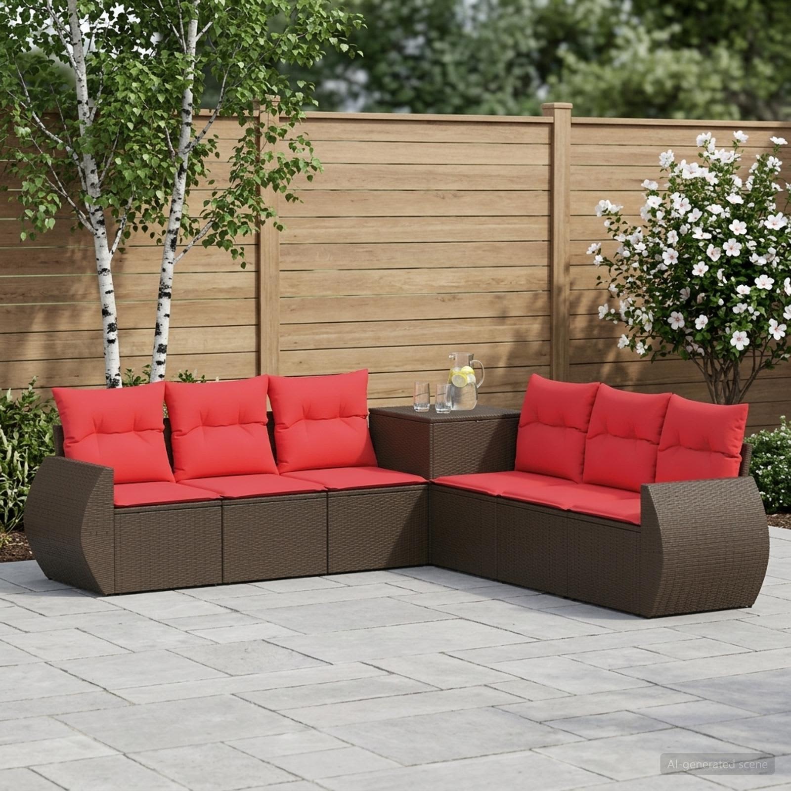 Bankstel 7 pcs Bruin en Rood Poly Rattan en Staal – afbeelding 1