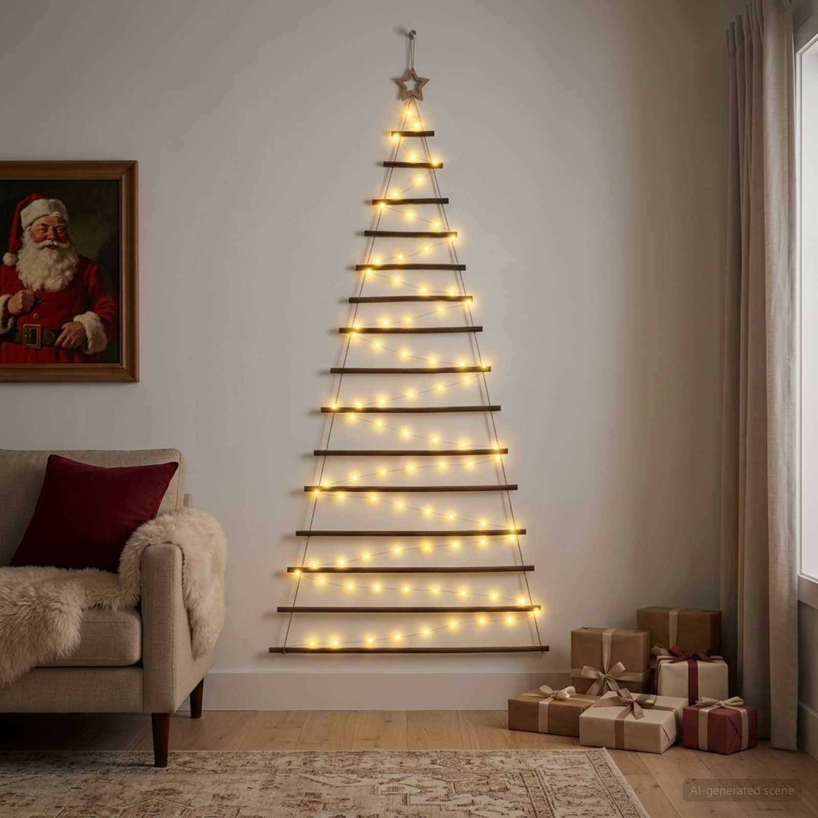 Hængende juletræ med LED og stjerne - 210 cm, varm hvid