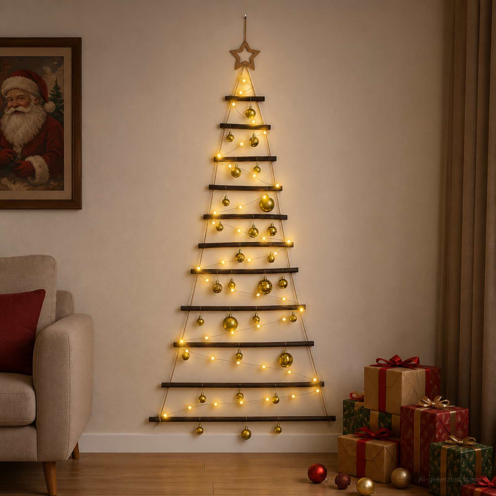 vidaXL Hængende juletræ med kugler 150 cm 80 LED'er Varm hvid