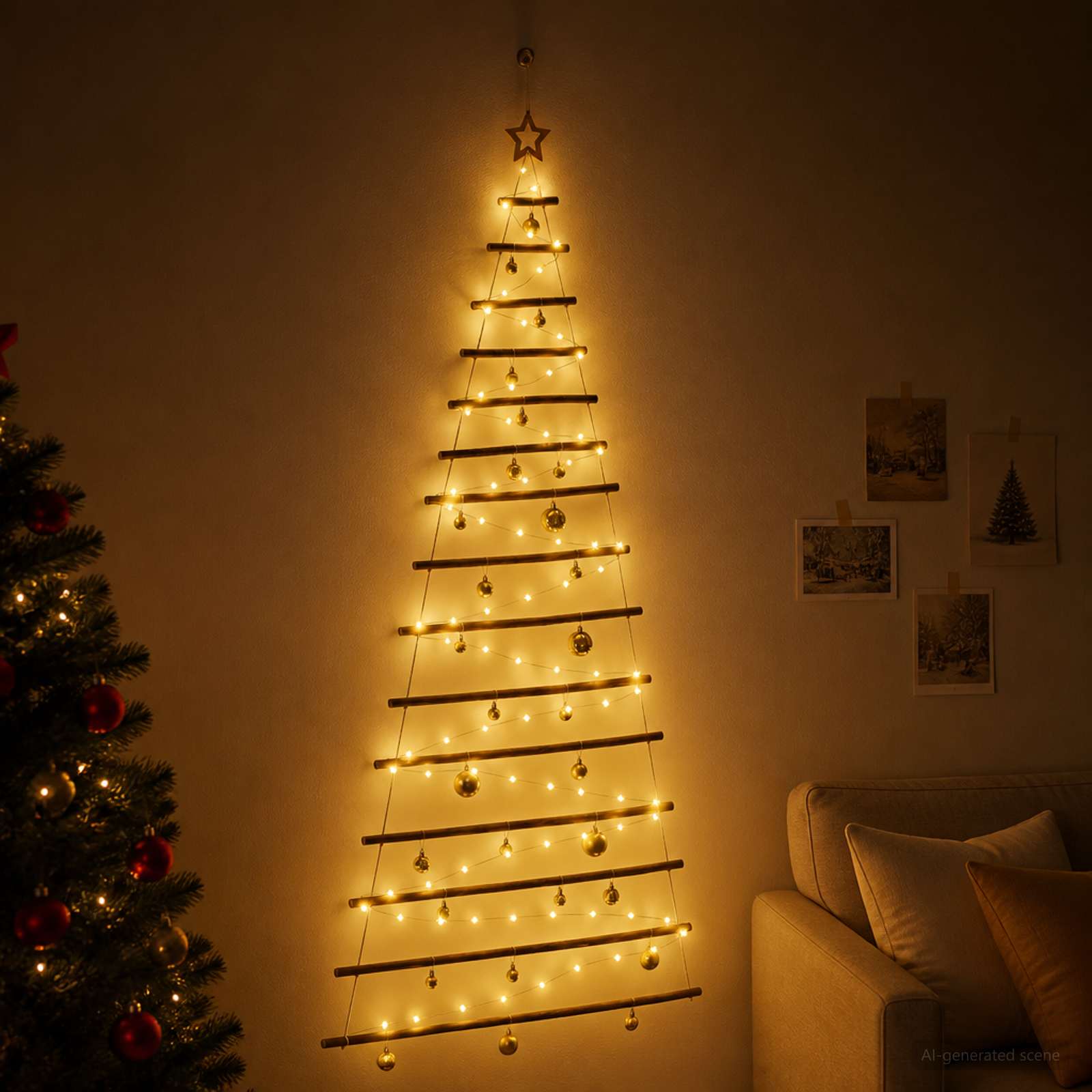 vidaXL Hængende juletræ med kugler 210 cm 130 LED'er Varm hvid
