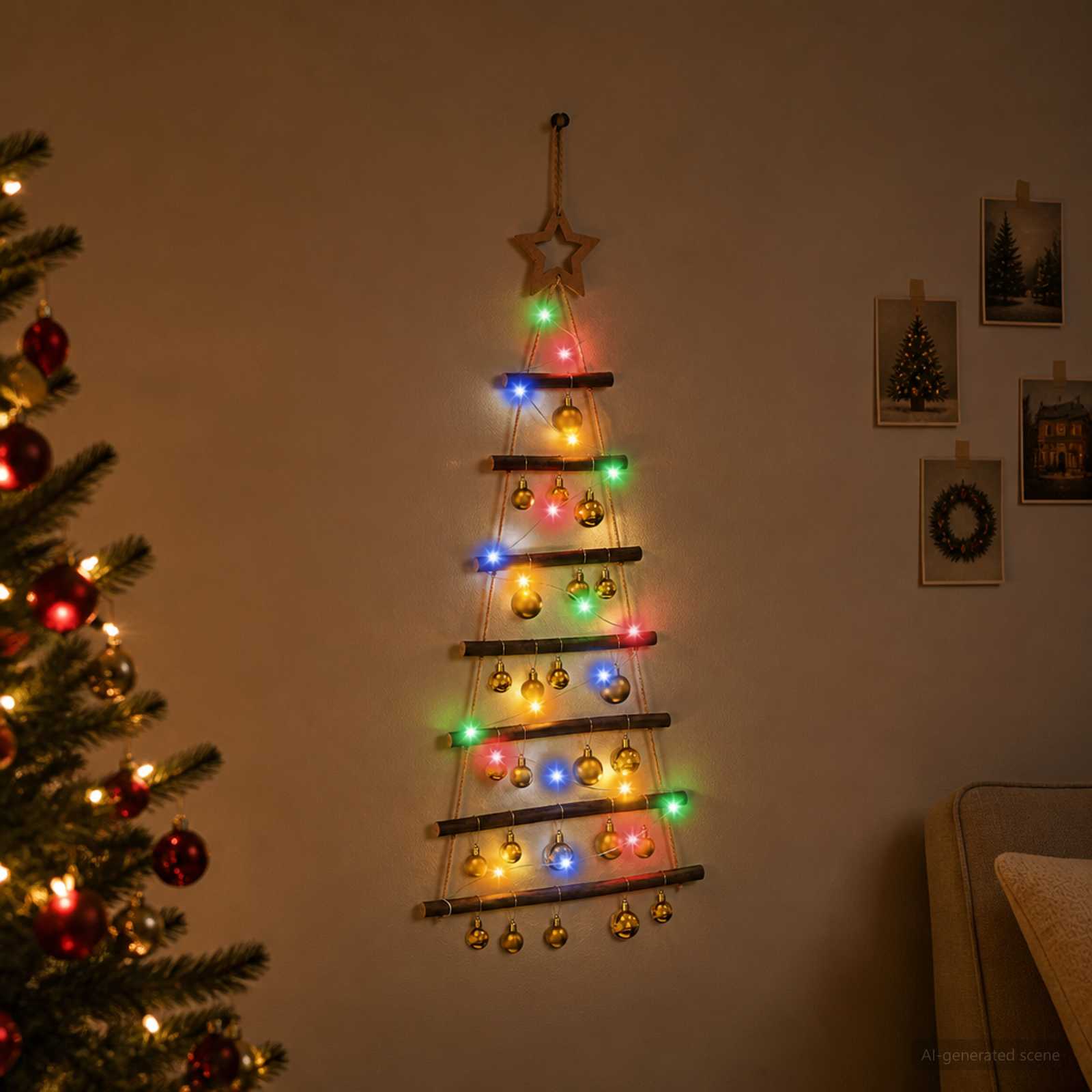 vidaXL Hængende juletræ med kugler 90 cm 30 LED'er Flerfarvet