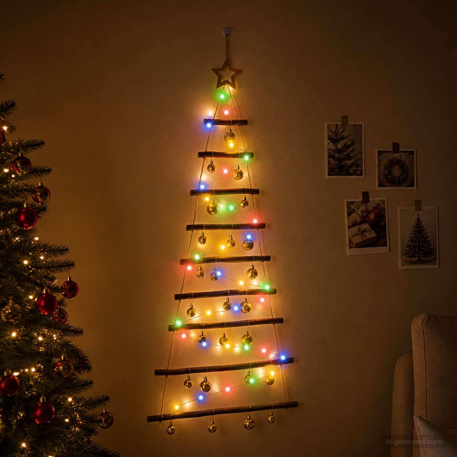 Viseče božično drevo s kroglicami 120 cm 50 LED Večbarvno