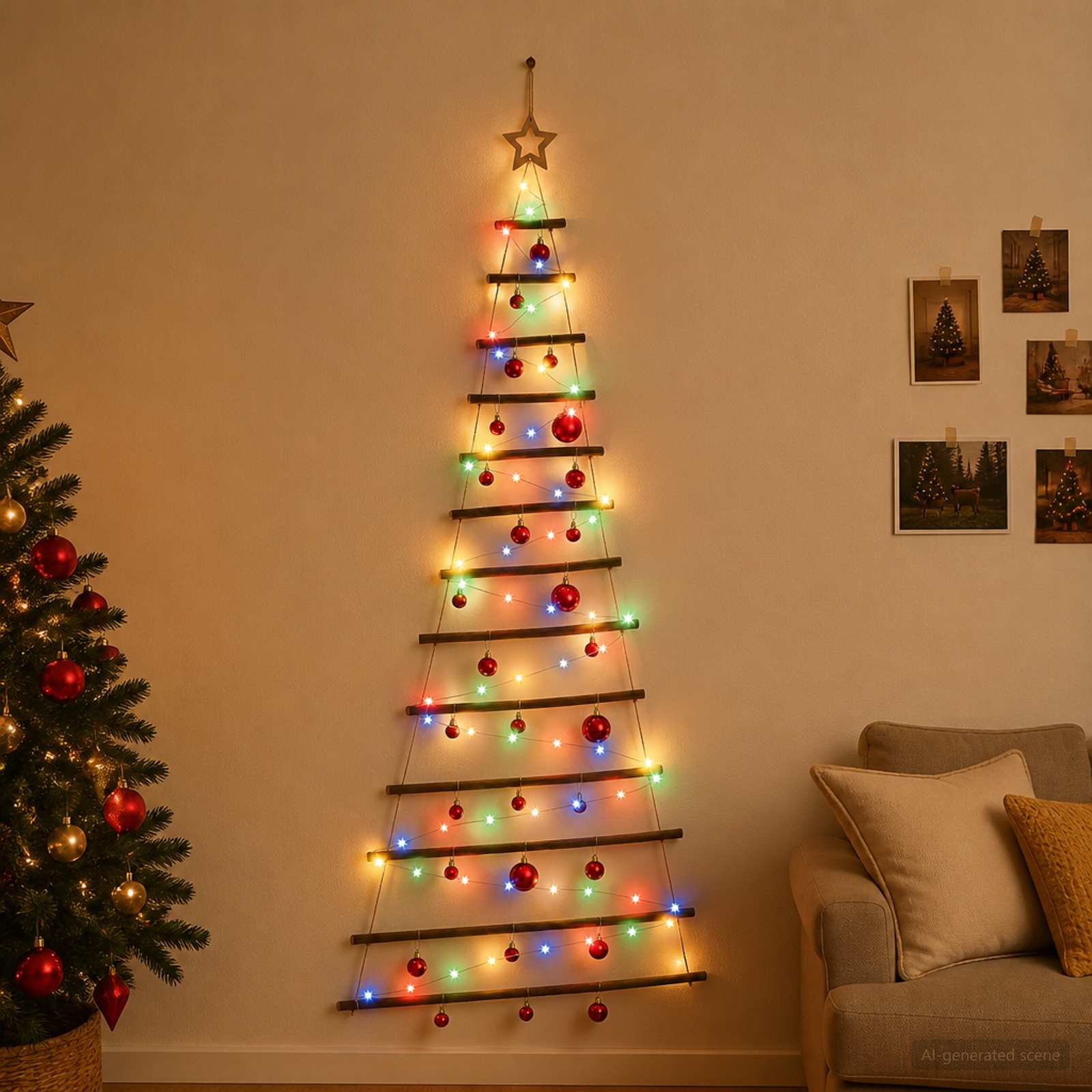 vidaXL Hængende juletræ med kugler 180 cm 100 LED'er Flerfarvet