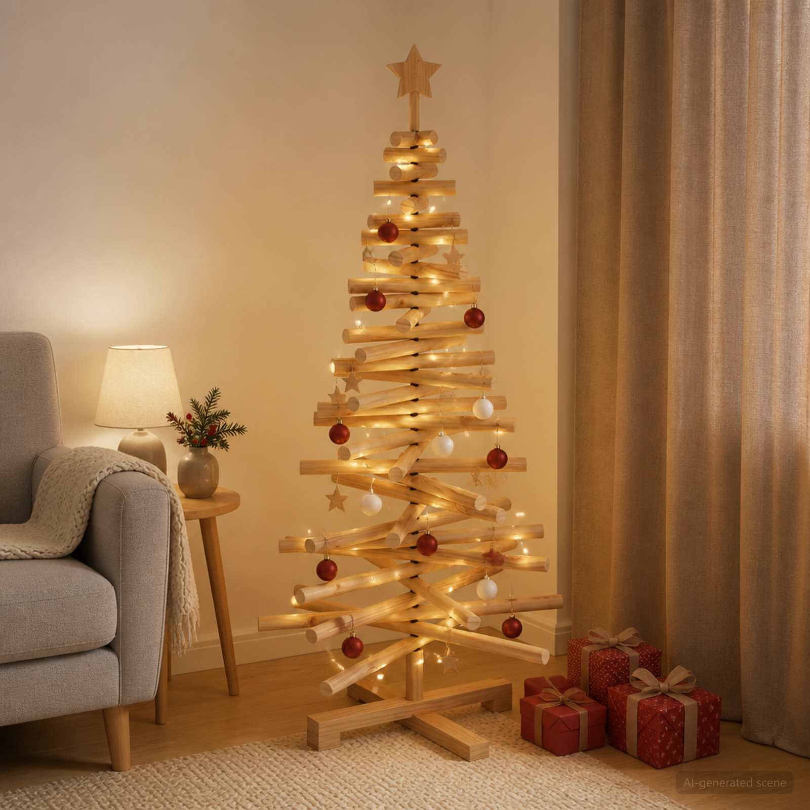 Leseno božično drevo KOTKA 120 cm Trdna borovina Rjava obdelava