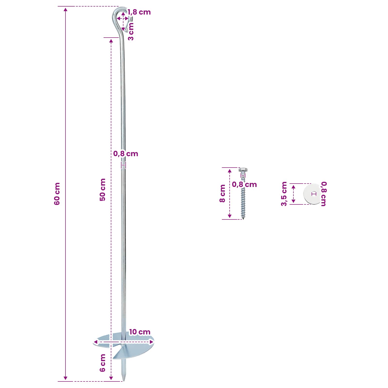 Zemní kotva 2 pcs Stříbrná Ø10 x 60 cm Pozinkovaný kov - obrázek 6
