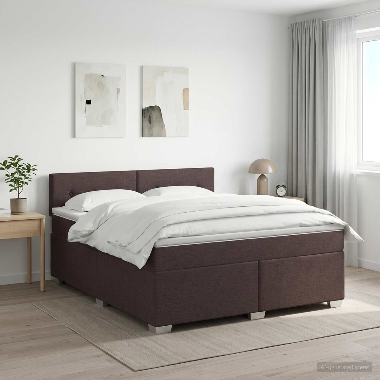 Boksmadras med topmadras og justerbar hovedgavl 140 x 200 cm - mørk brun stof