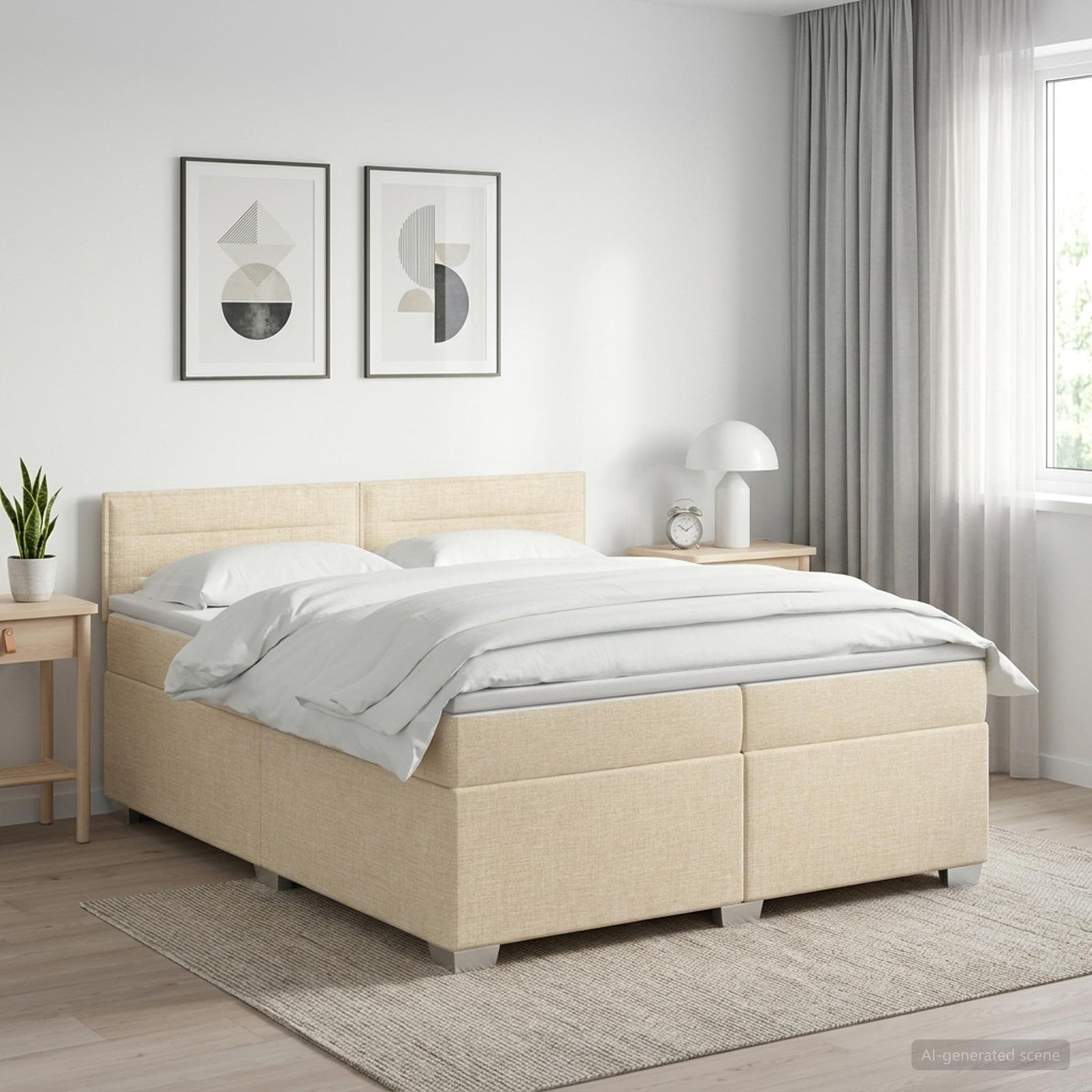 Seng med madras og topmadras 200 x 200 cm - cremefarvet stof med justerbar sengegavl