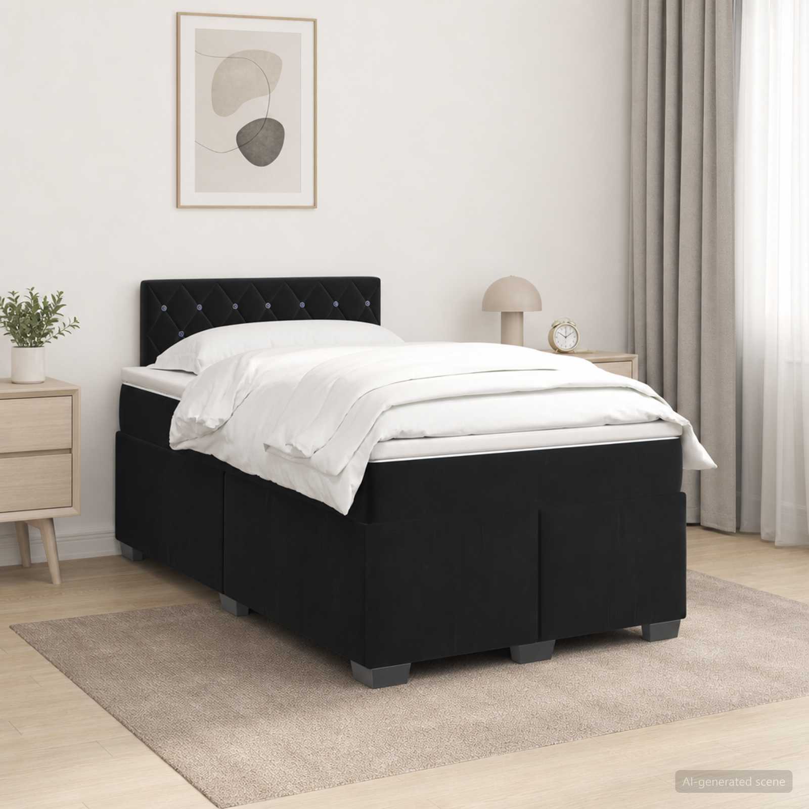 Boxmadras seng med topmadras og hovedgærde i fløjl 120 x 190 cm - sort