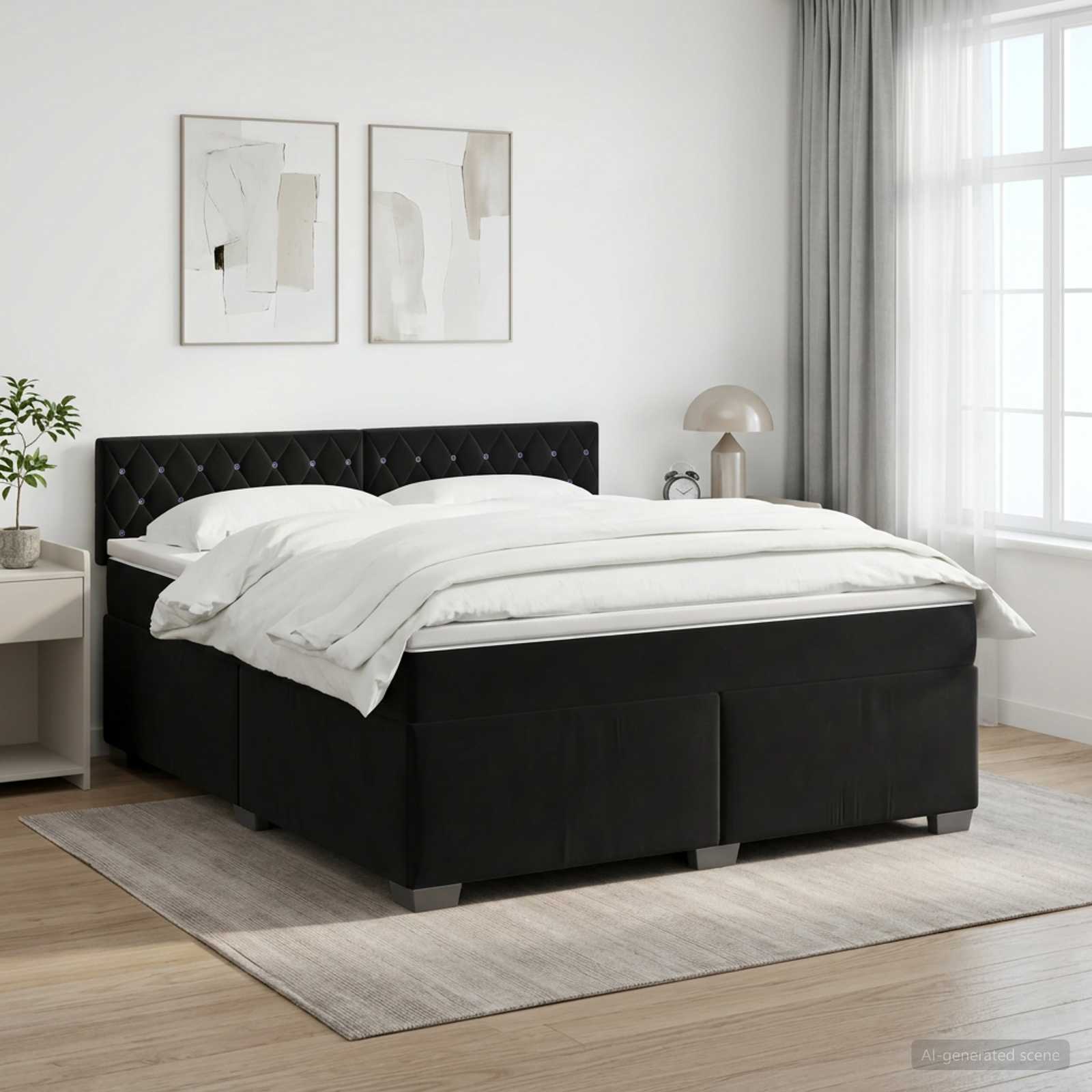 Kontinentalseng med madras, topmadras og hovedgærde 140 x 190 cm sort fløjl