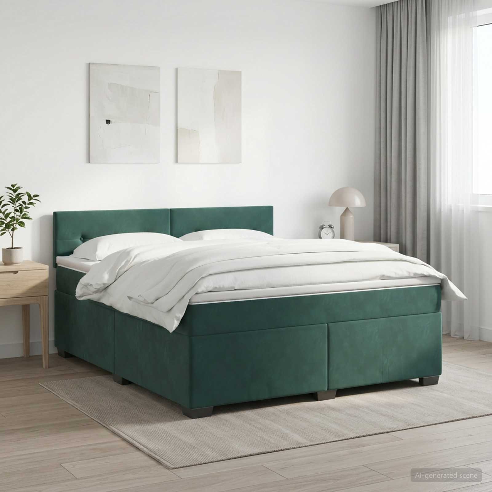 Boksmadras seng med topmadras 160 x 200 cm - mørkegrøn fløjl