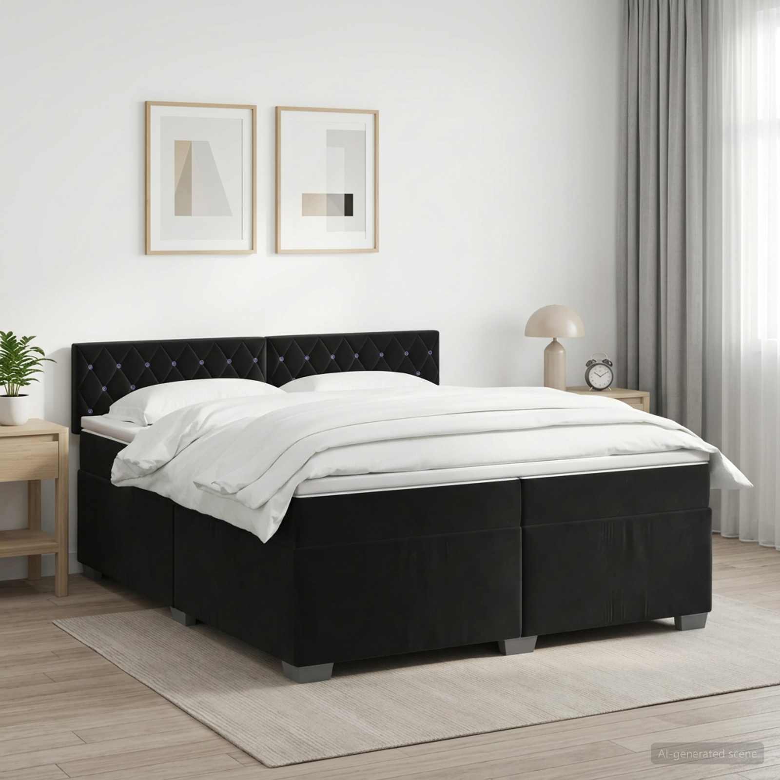 vidaXL Boxmadras med topmadras med hovedgærde Sort 200 x 200 cm Fløjl