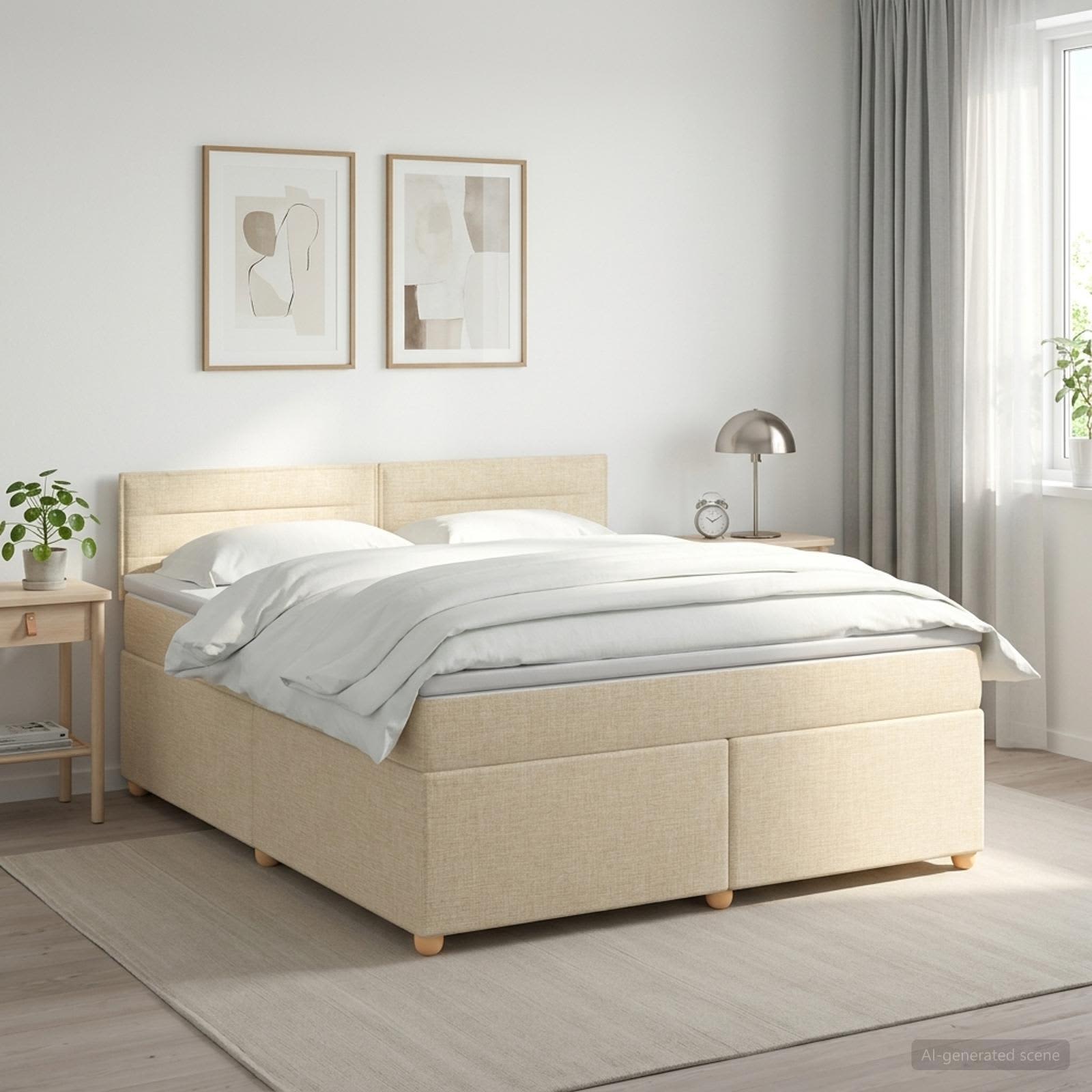 Kontinentalseng med madras og topmadras 160 x 200 cm - cremefarvet stof med justerbar sengegavl
