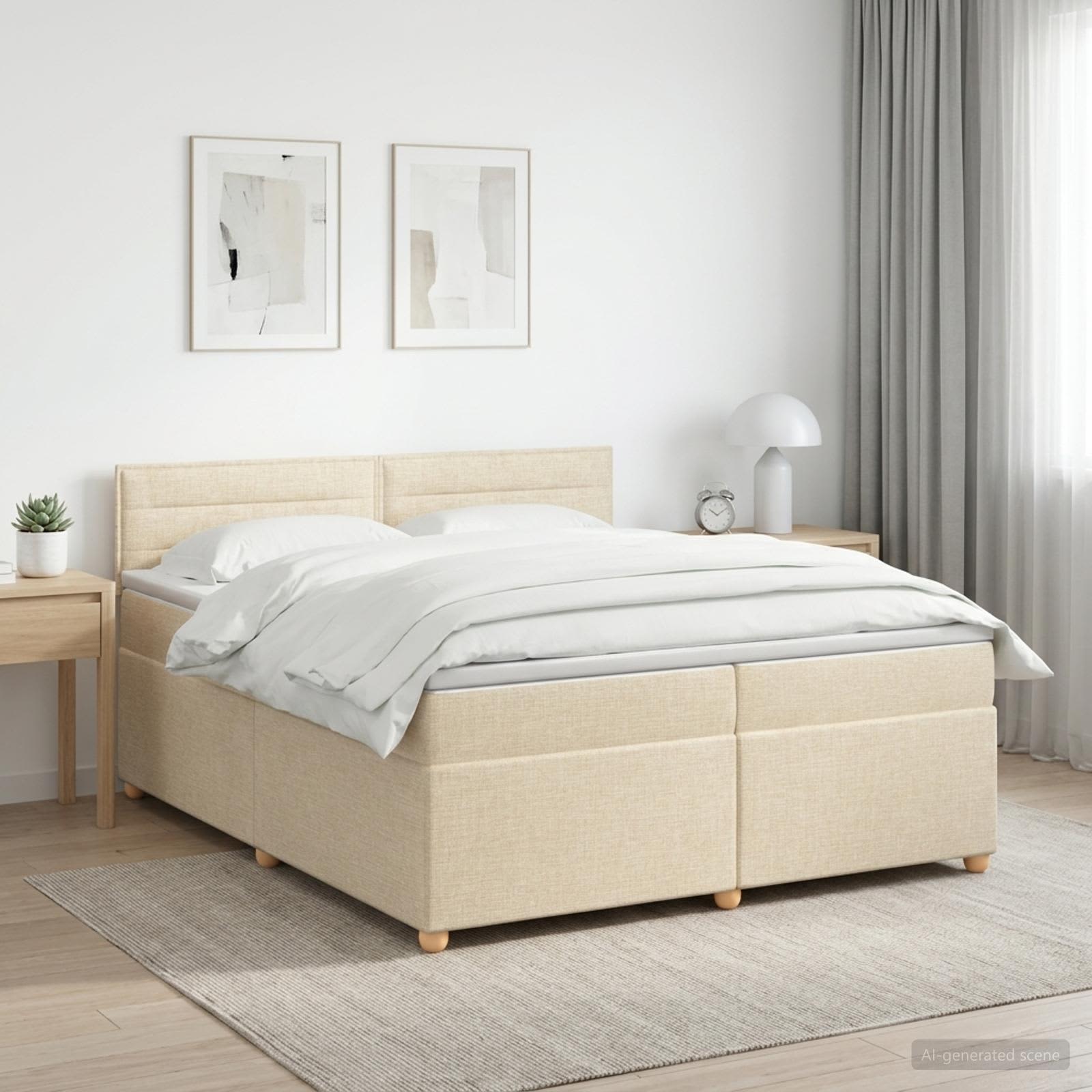 Seng med madras og topmadras 200 x 200 cm - cremefarvet stof med justerbar sengegavl