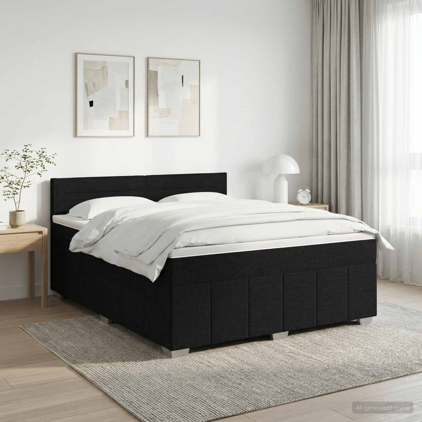 Boxmadrasseng med madras, topmadras og hovedgærde 140 x 200 cm - sort stof