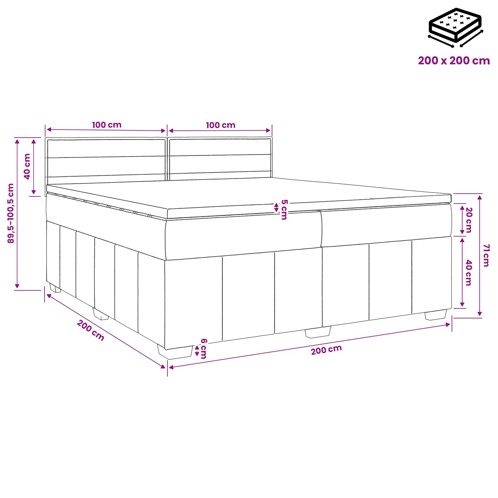 Postelja boxspring z vzmetnico Črna 200 x 200 cm Blago