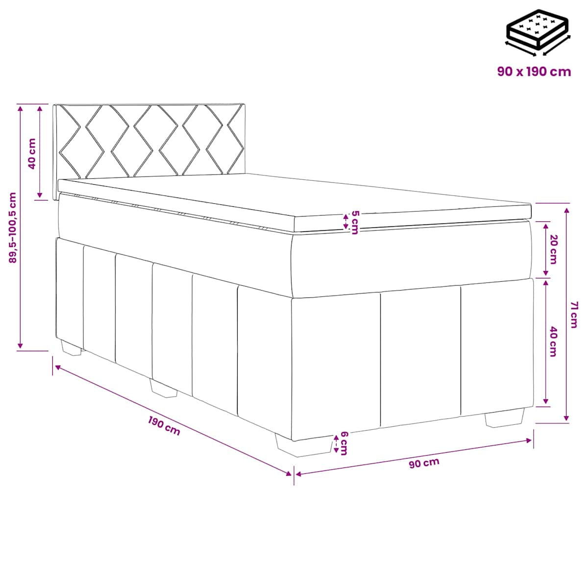 Boxmadras med topmadras Mørkegrå 90 x 190 cm Stof - Billede 11