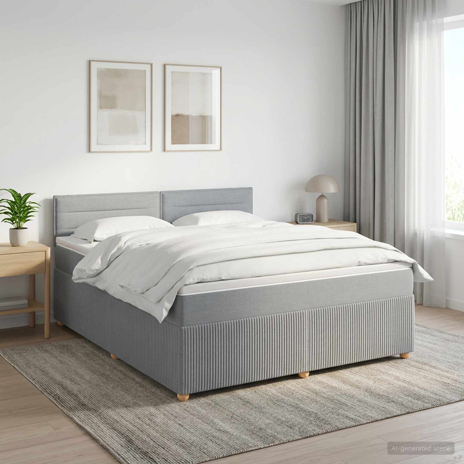Kontinentalseng 180 x 200 cm med madras og topmadras - lysegrå stof og justerbar sengegavl