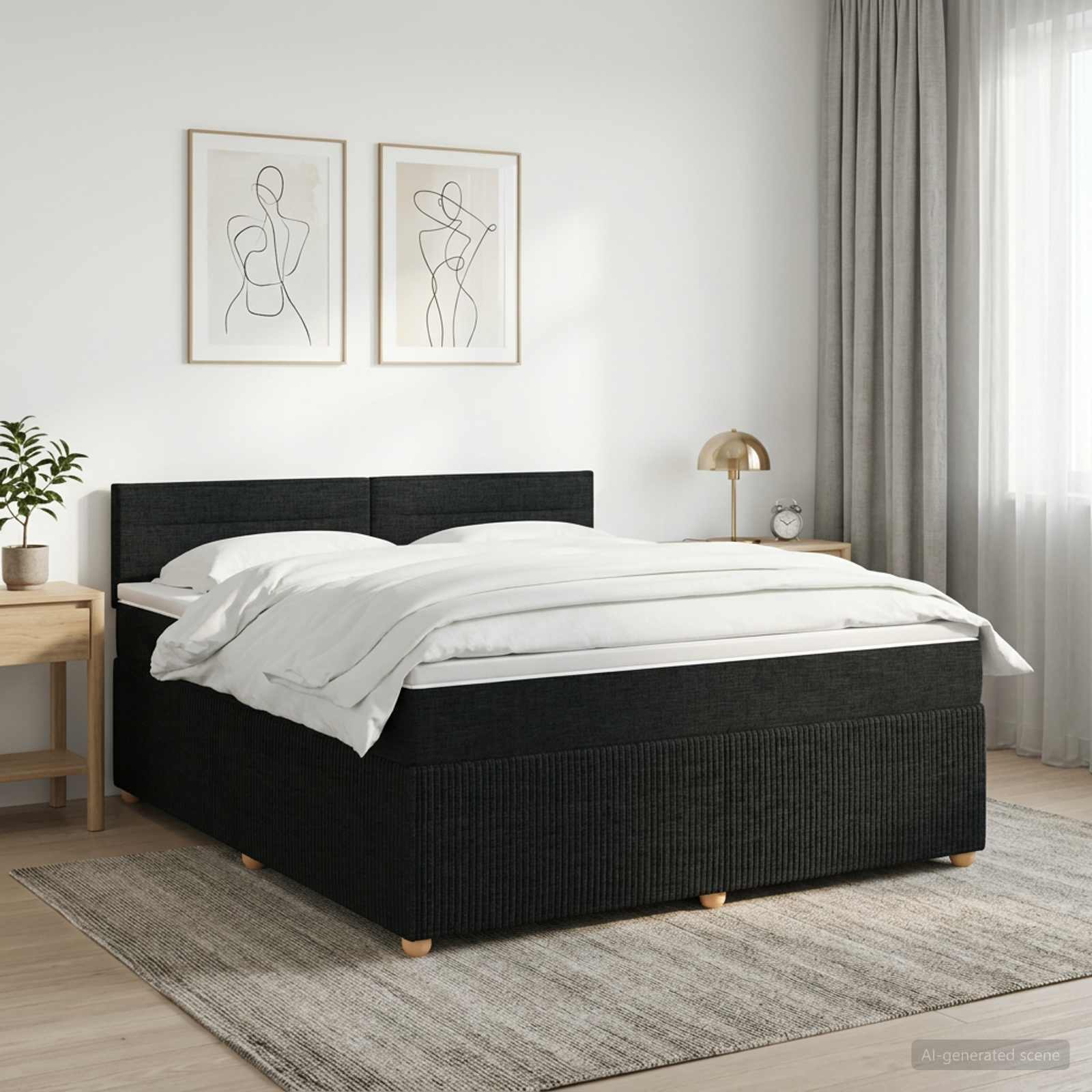 Seng med madras, topmadras og justerbar sengegavl 180 x 200 cm sort stof