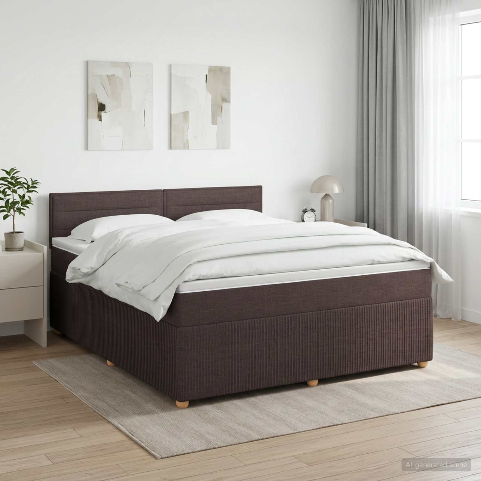 Seng med madras og topmadras 140 x 190 cm - mørk brun stof med justerbar sengegavl
