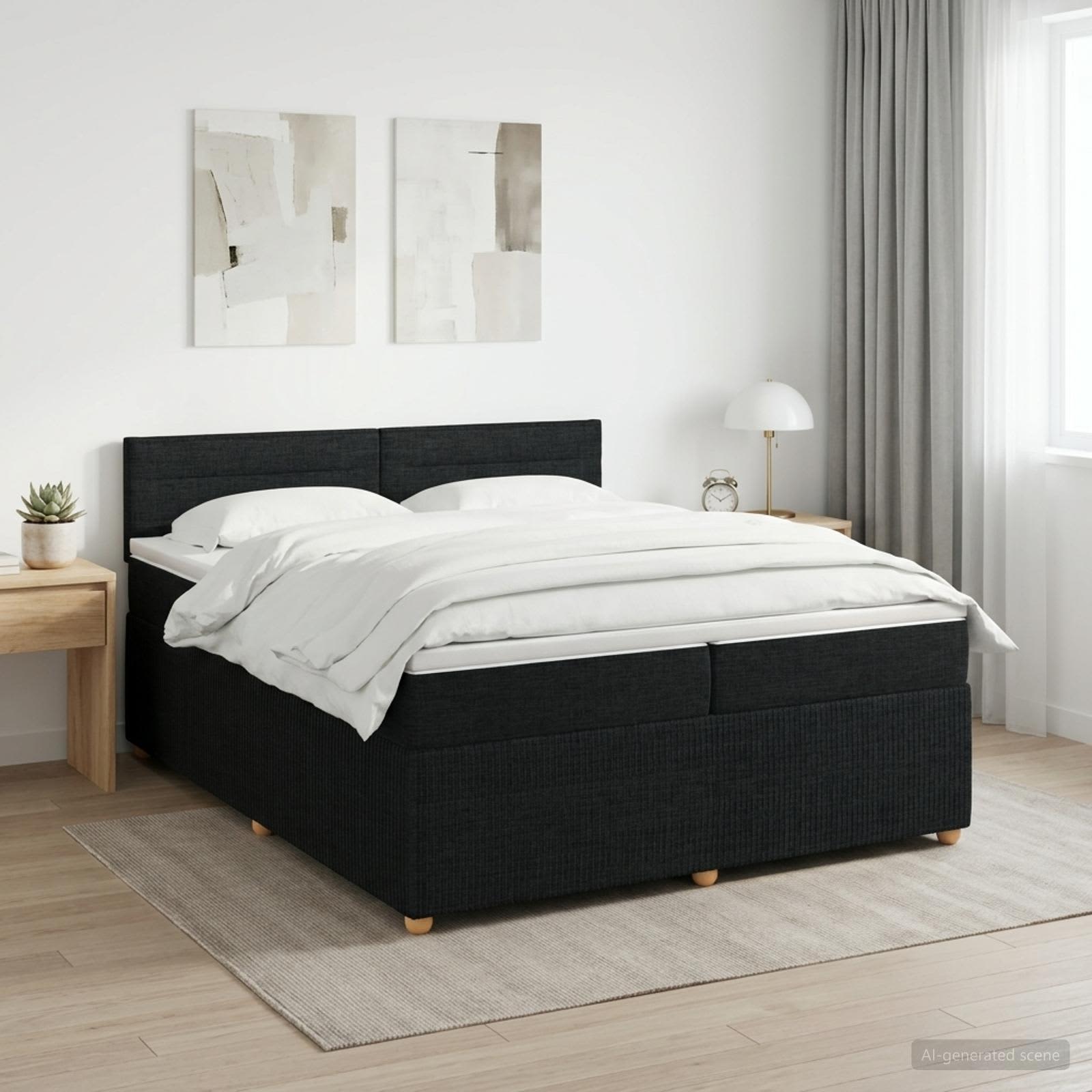 Seng med madras og topmadras 200 x 200 cm med justerbar hovedgavl - sort stof