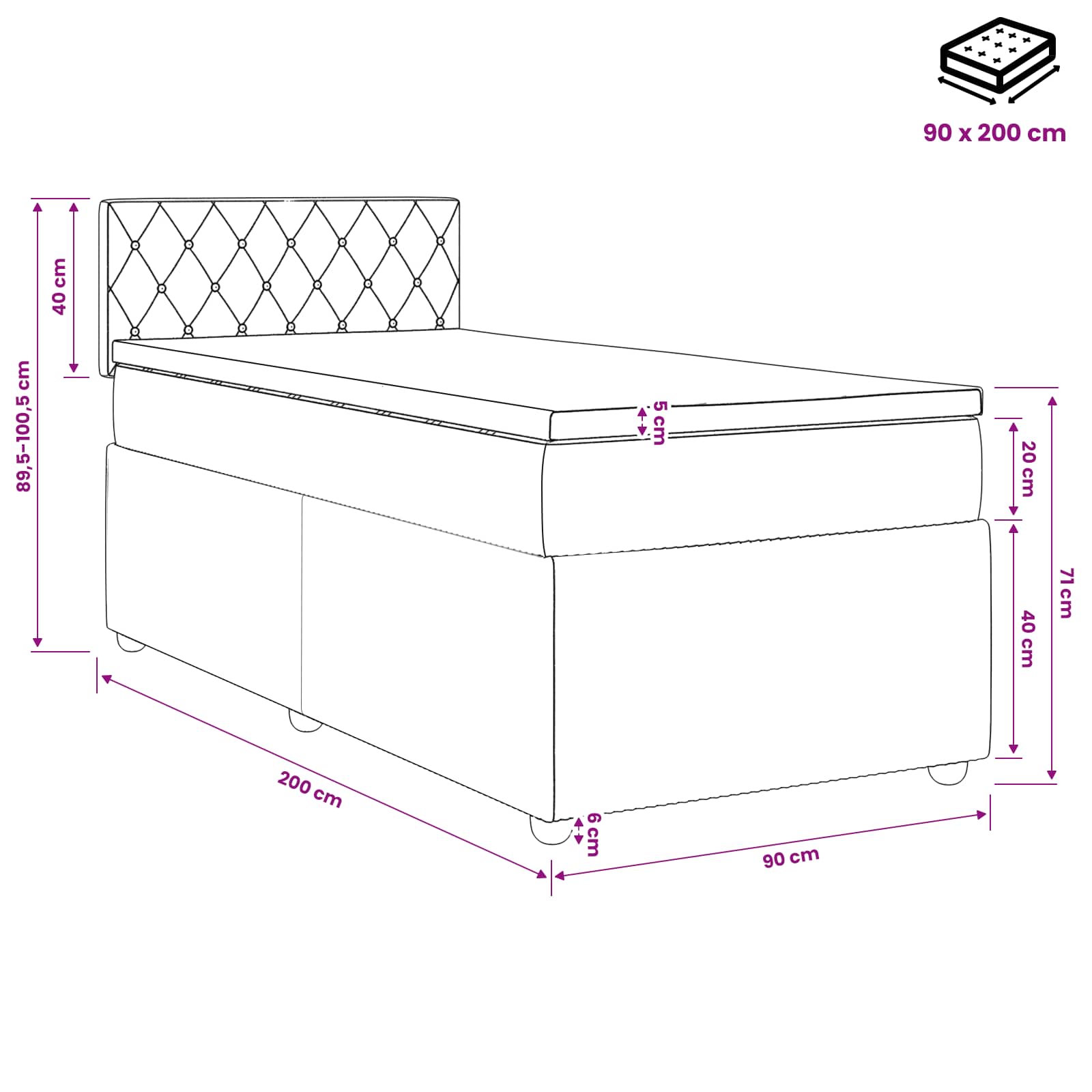 Postelja boxspring z vzmetnico Roza 90 x 200 cm Žamet