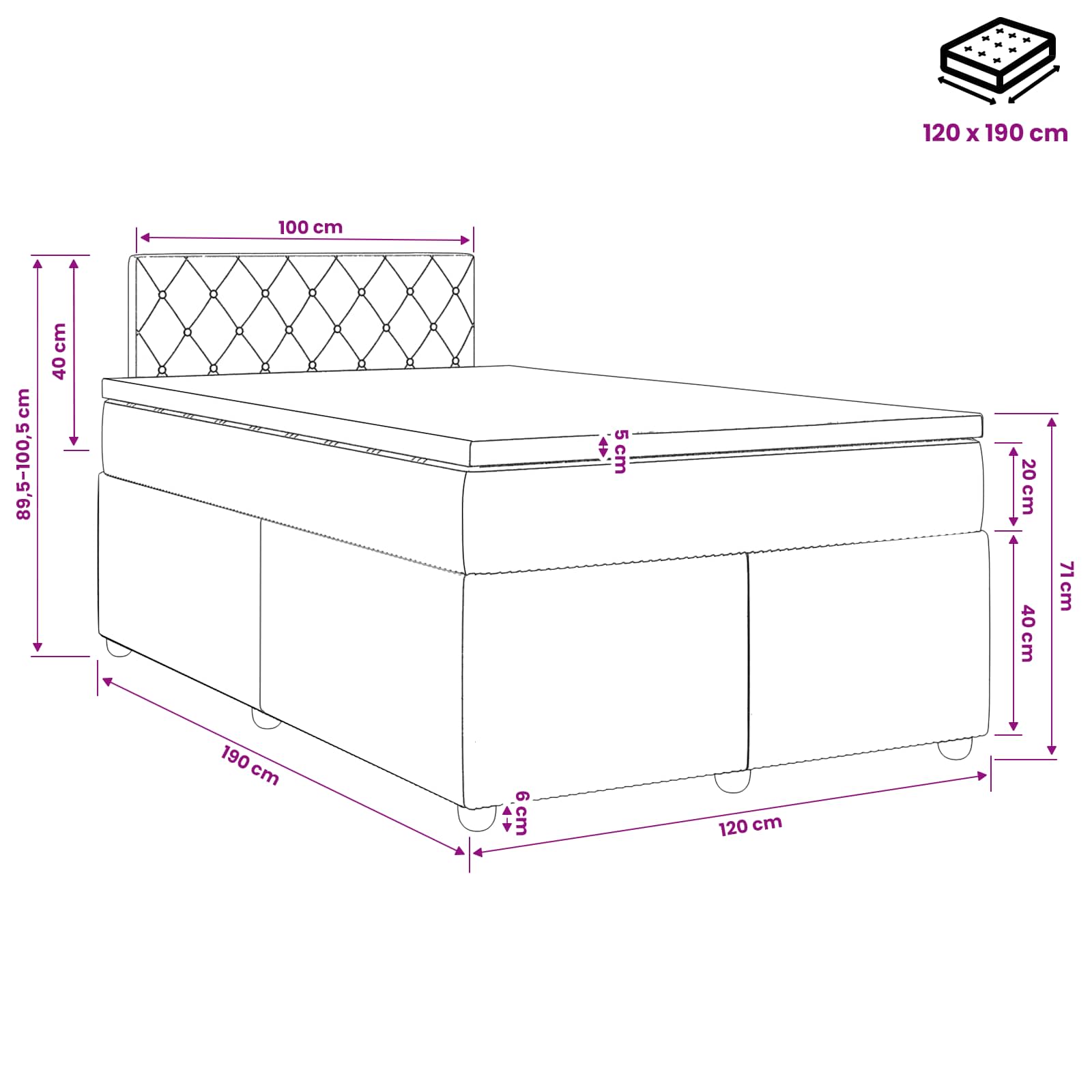 Postelja boxspring z vzmetnico Roza 120 x 190 cm Žamet