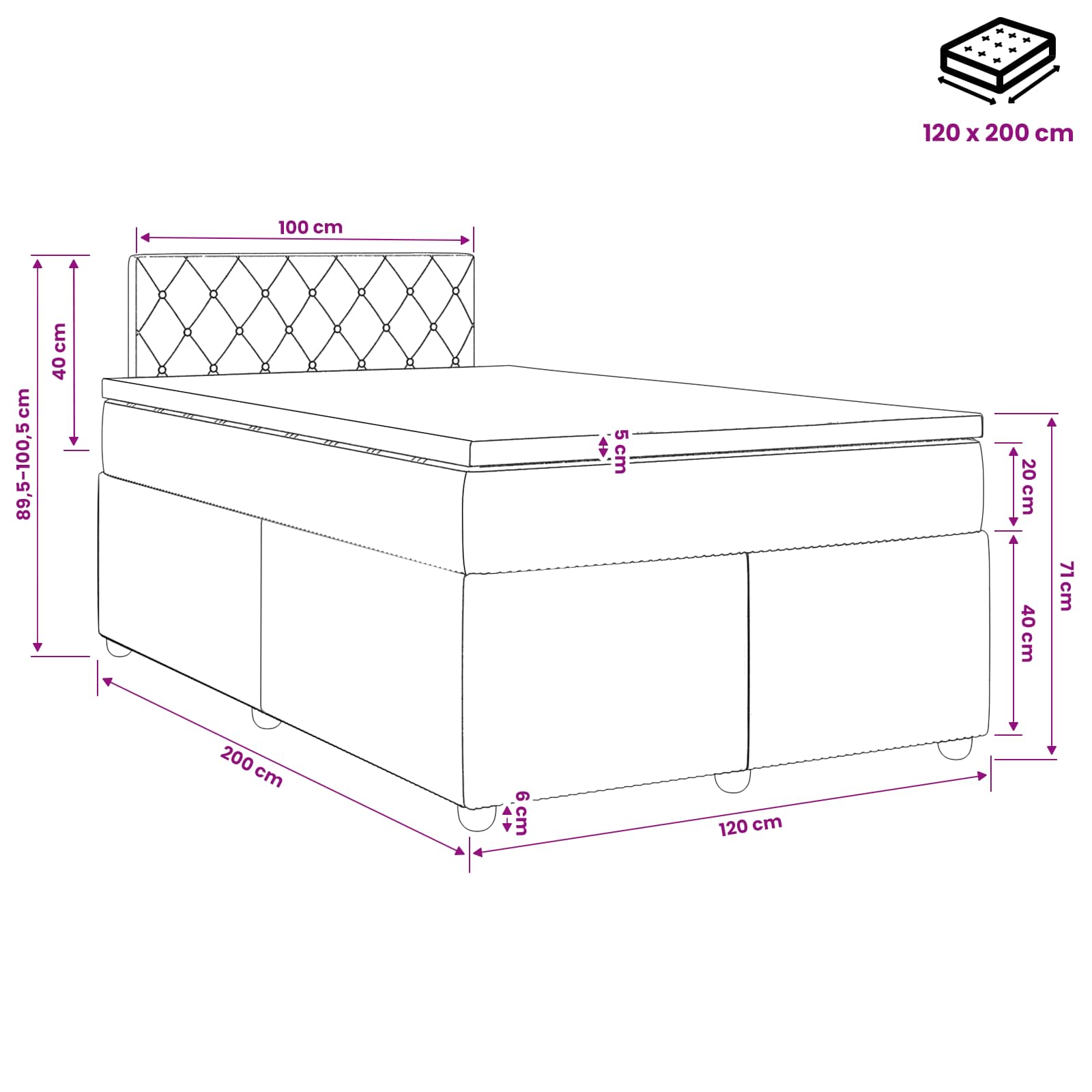 Postelja boxspring z vzmetnico Roza 120 x 200 cm Žamet