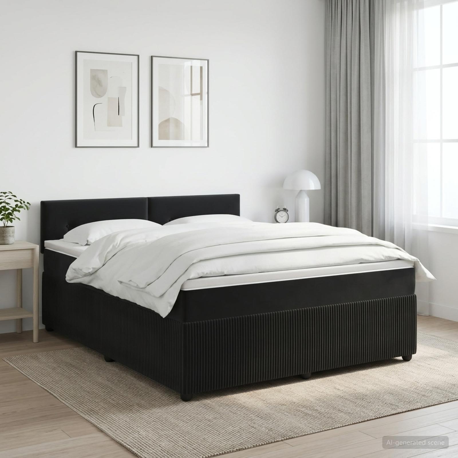Boksmadrasseng med topmadras og justerbar sengegavl 140 x 200 cm i sort fløjl