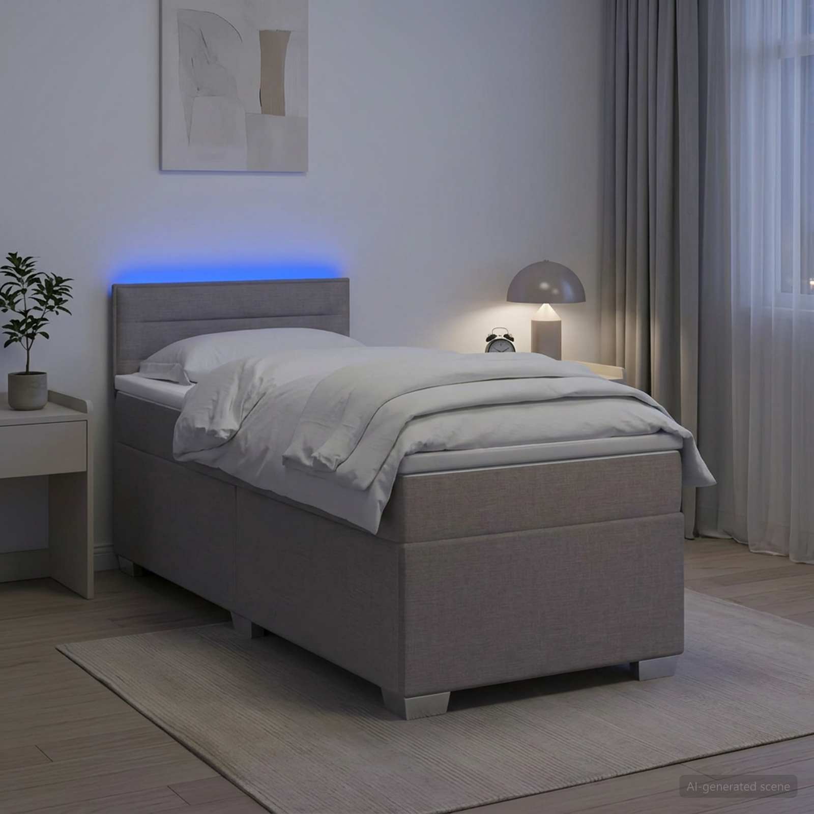 Postelja s pomičnim okvirjem, vzmetnico in LED Taupe Blago