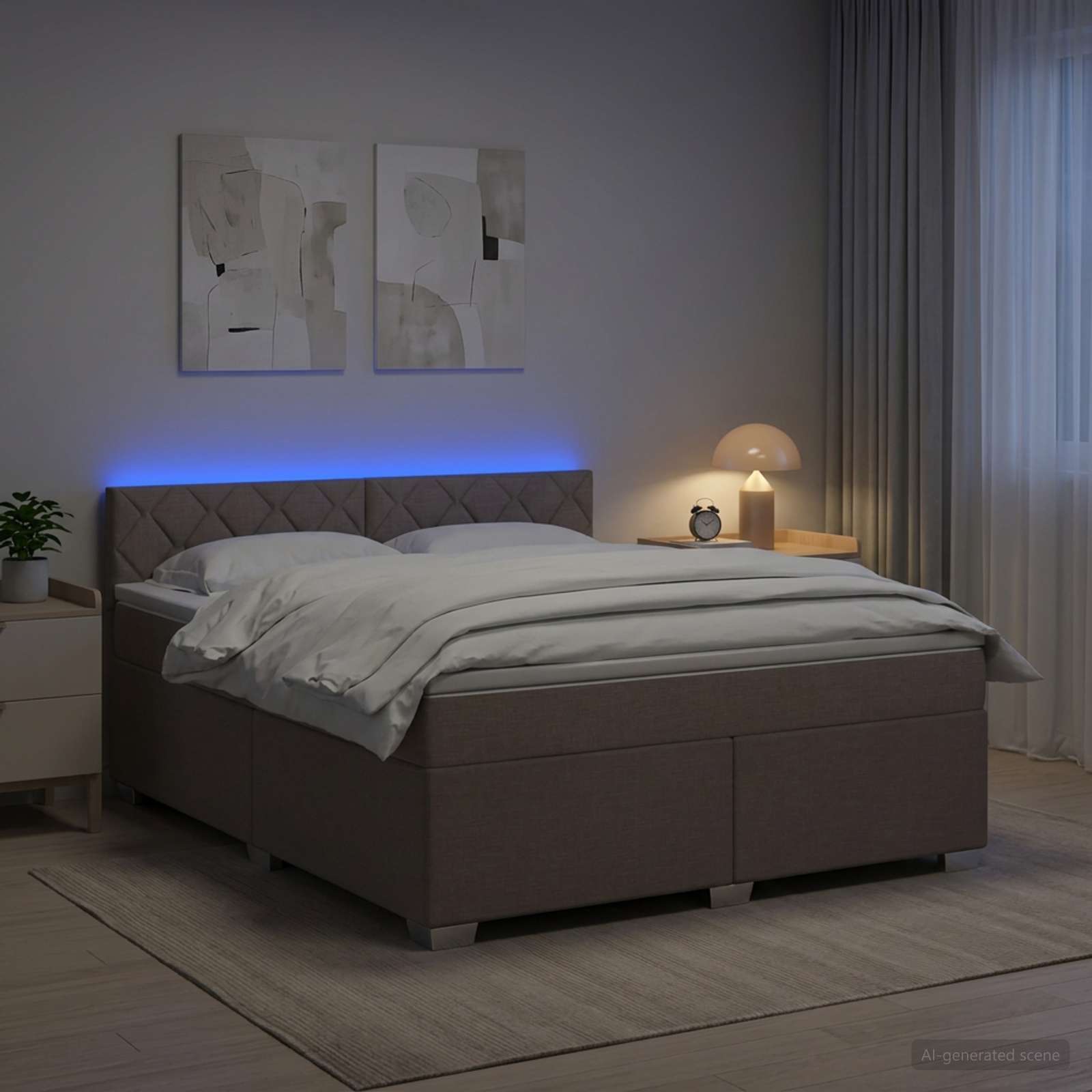 Postelja s pomičnim okvirjem, vzmetnico in LED Taupe Blago