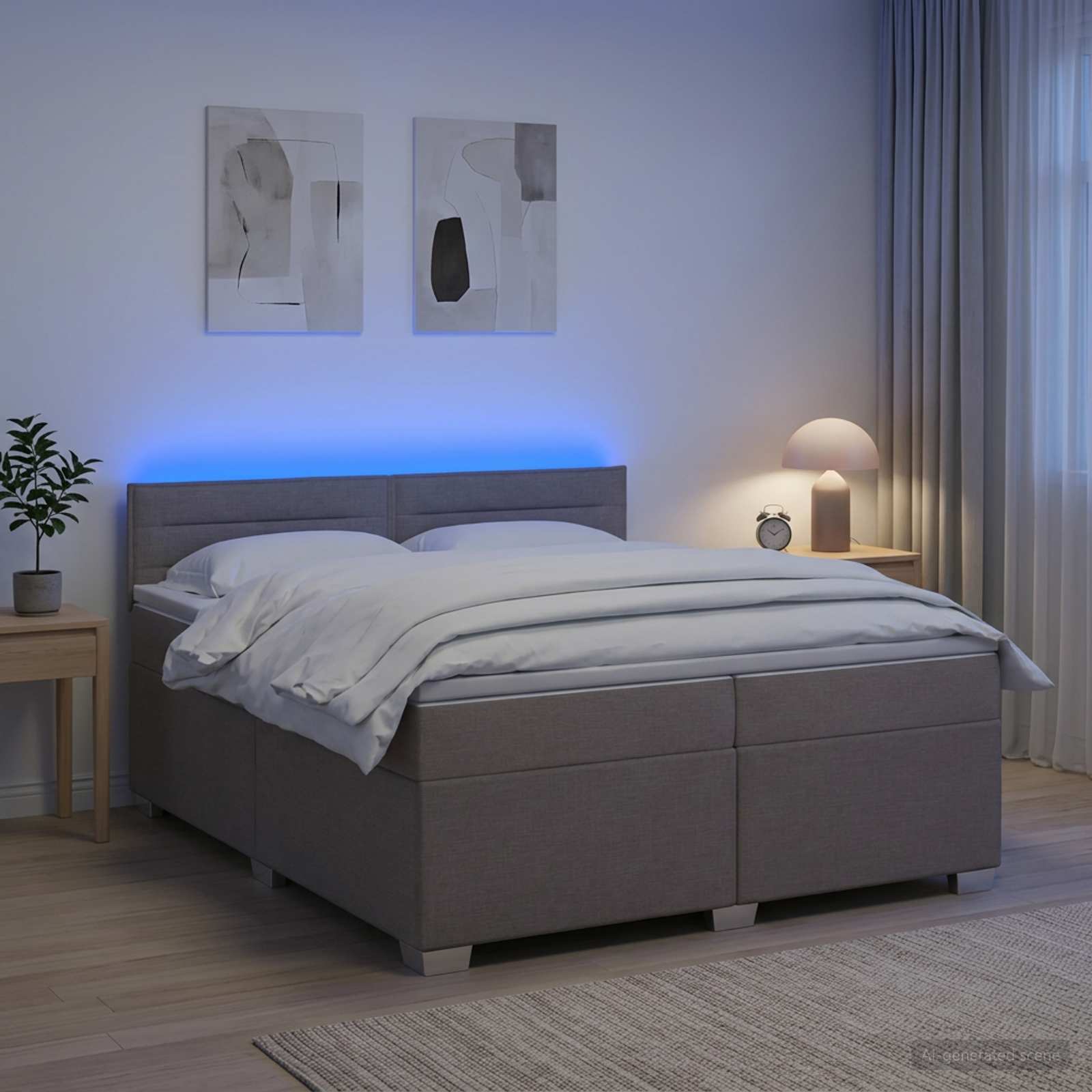 Postelja s pomičnim okvirjem, vzmetnico in LED Taupe Blago