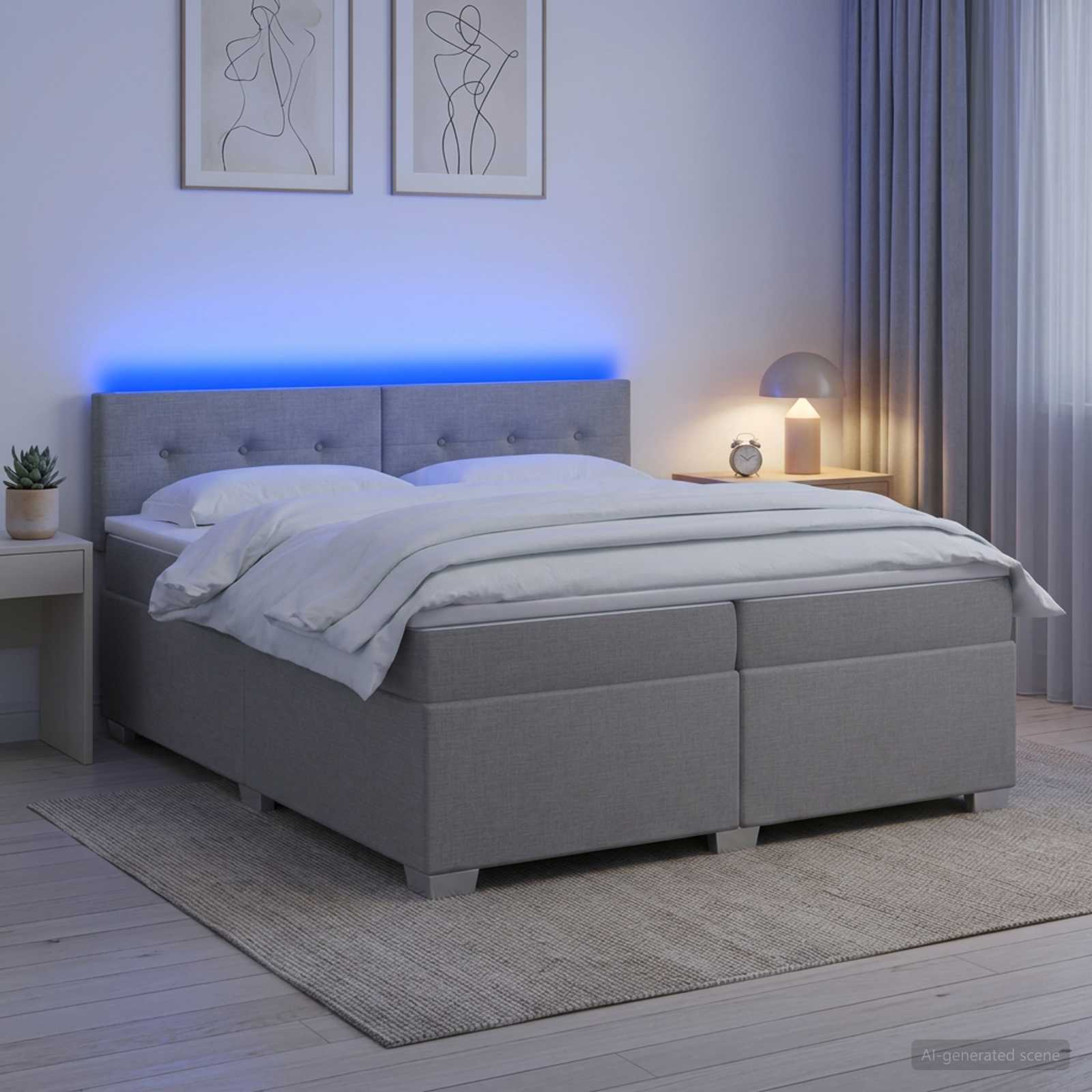 Легло с пружина и матрак с LED Светлосиво 200 x 200 cm Текстил