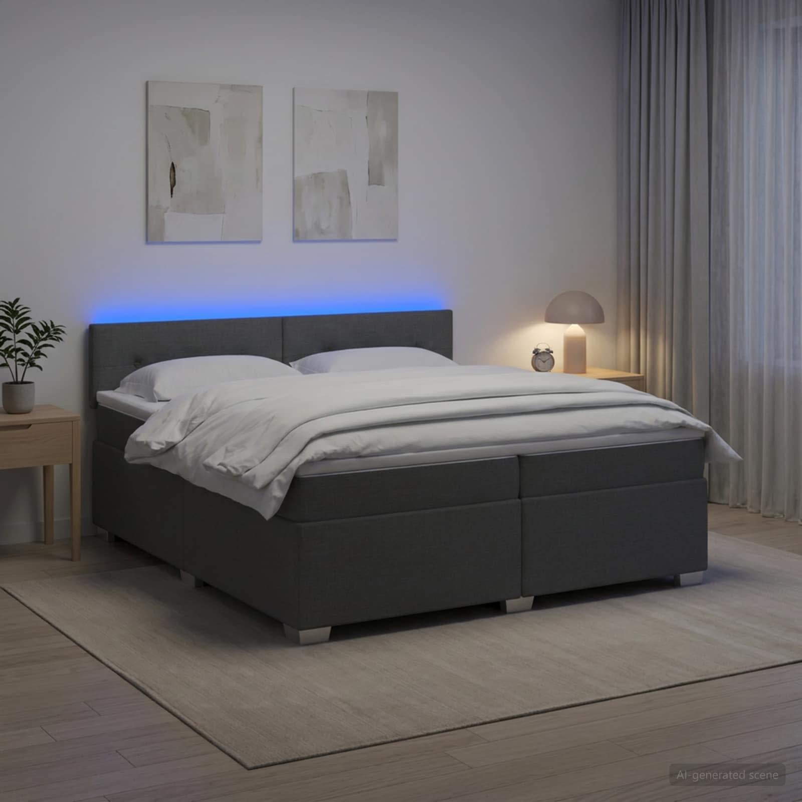 Postelja s pomičnim okvirjem, vzmetnico in LED Temno siva Blago