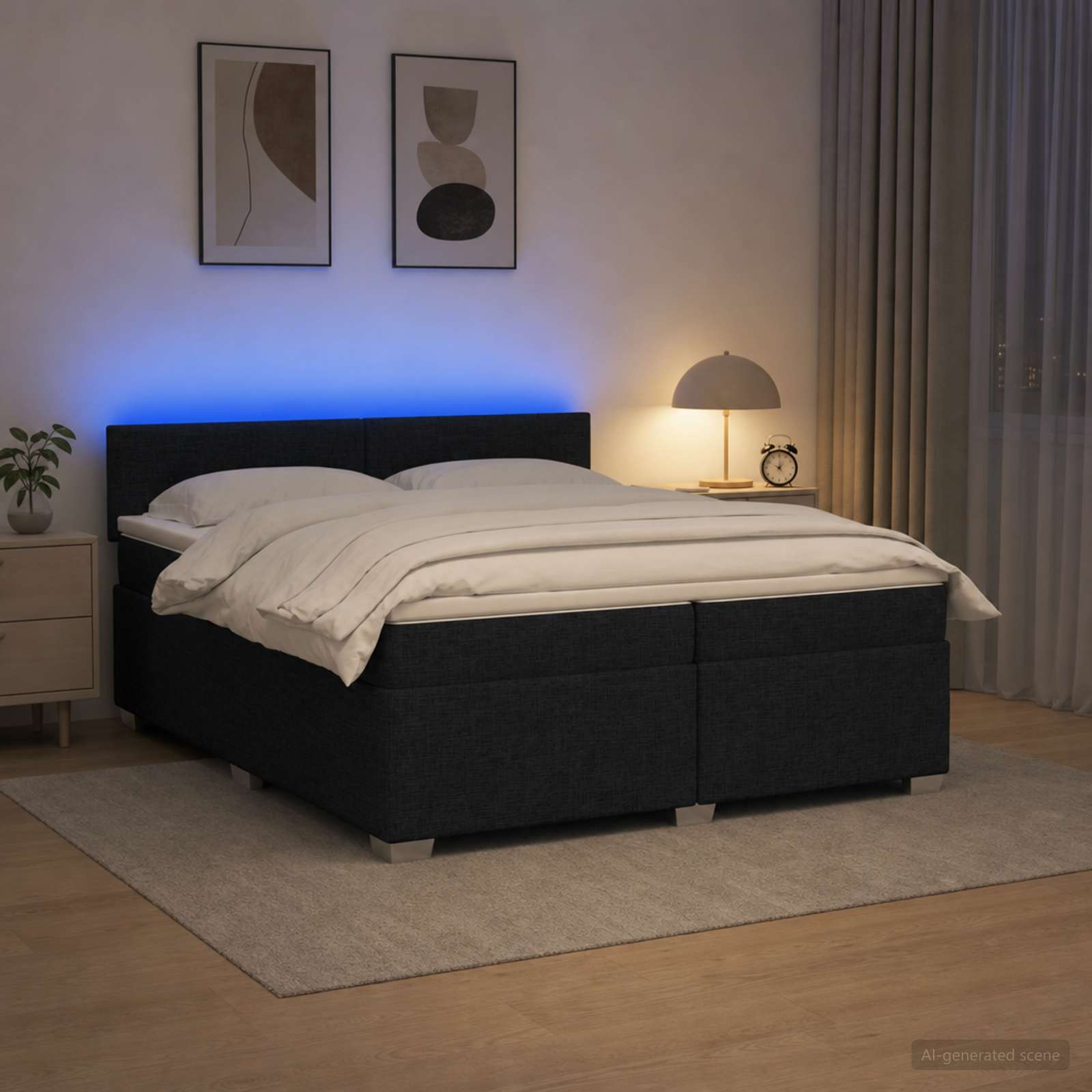 Легло с пружина и матрак с LED Черно 200 x 200 cm Текстил