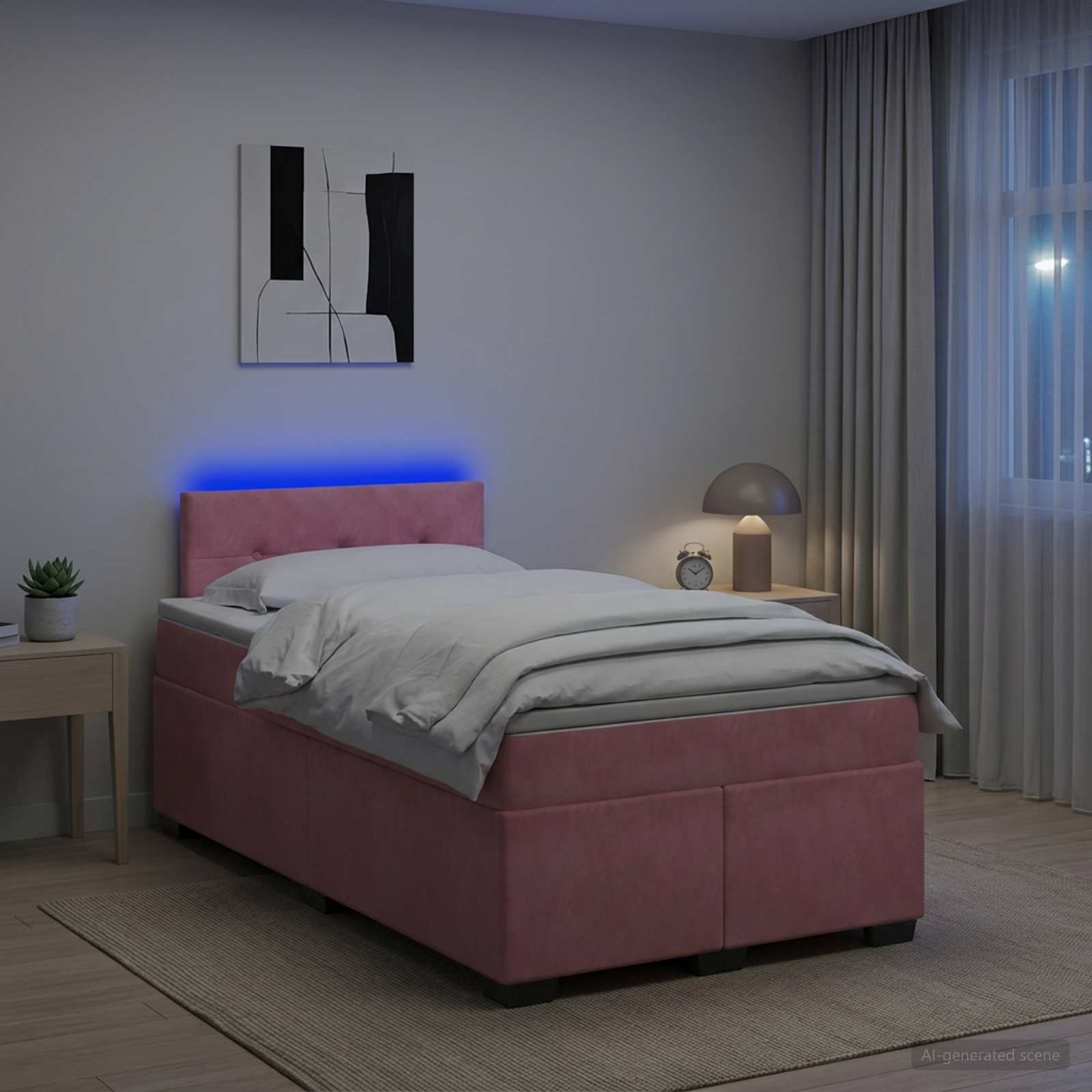 Postelja s pomičnim okvirjem, vzmetnico in LED Roza Žamet