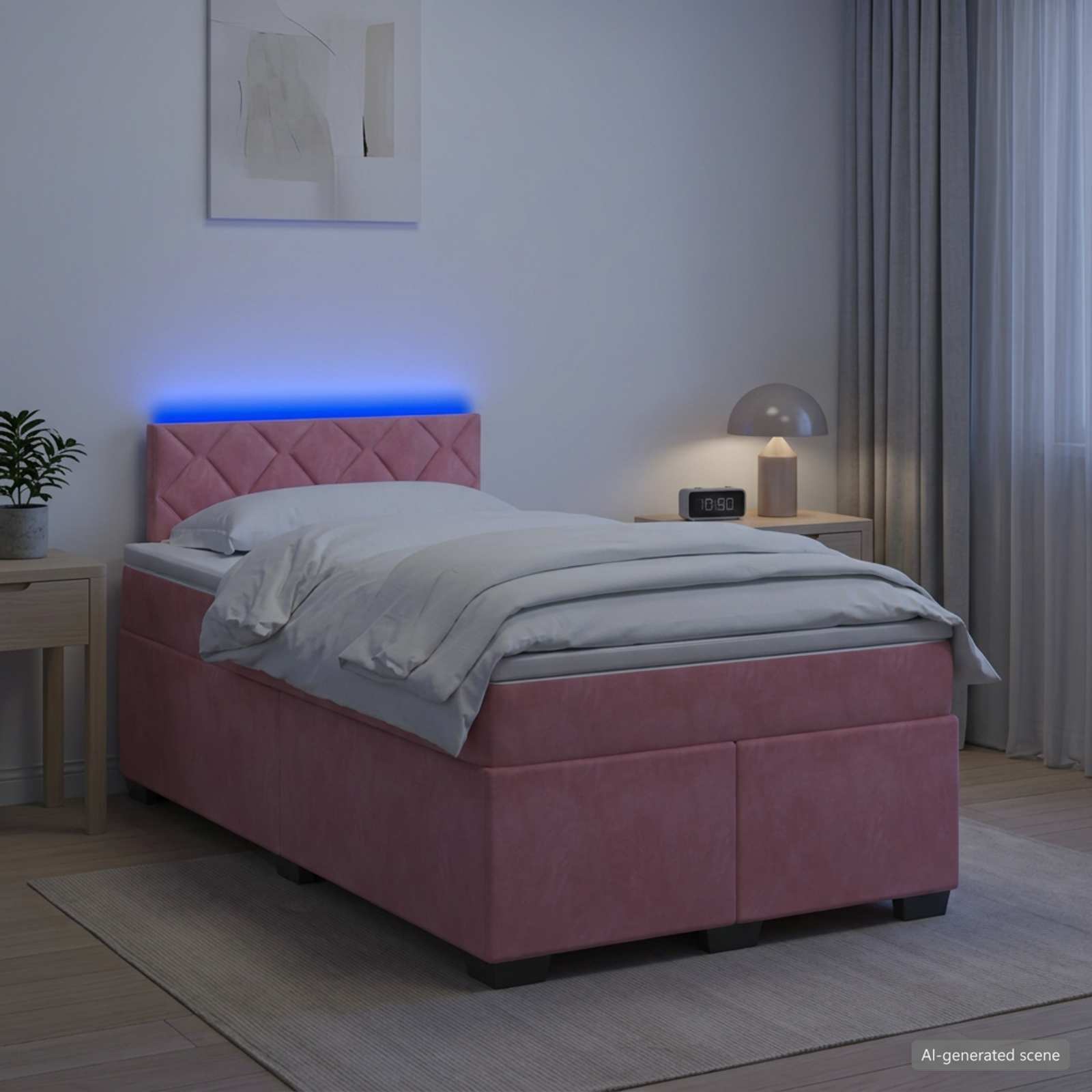 Postelja s pomičnim okvirjem, vzmetnico in LED Roza Žamet