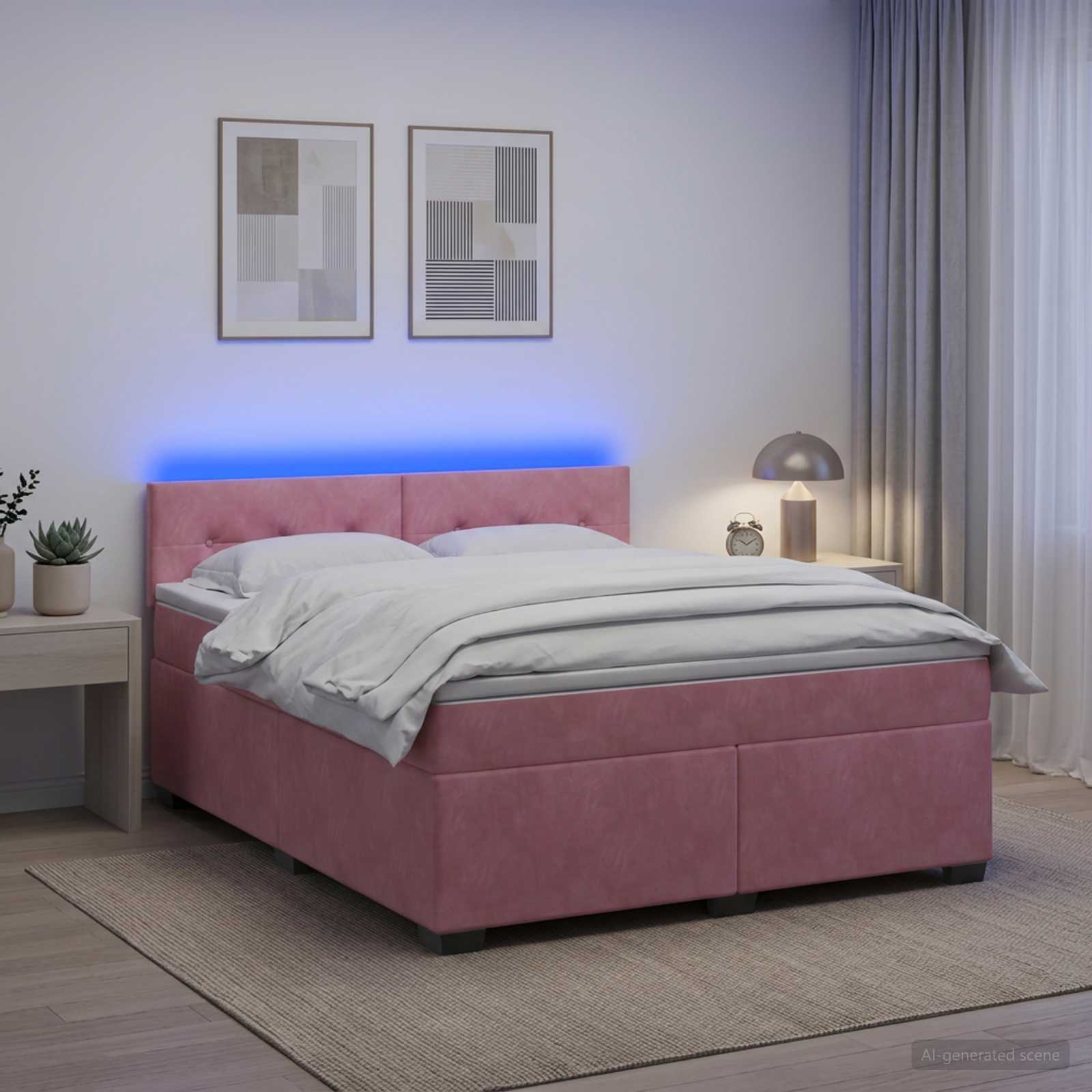 Легло с пружина и матрак с LED Розово 140 x 190 cm Кадифе
