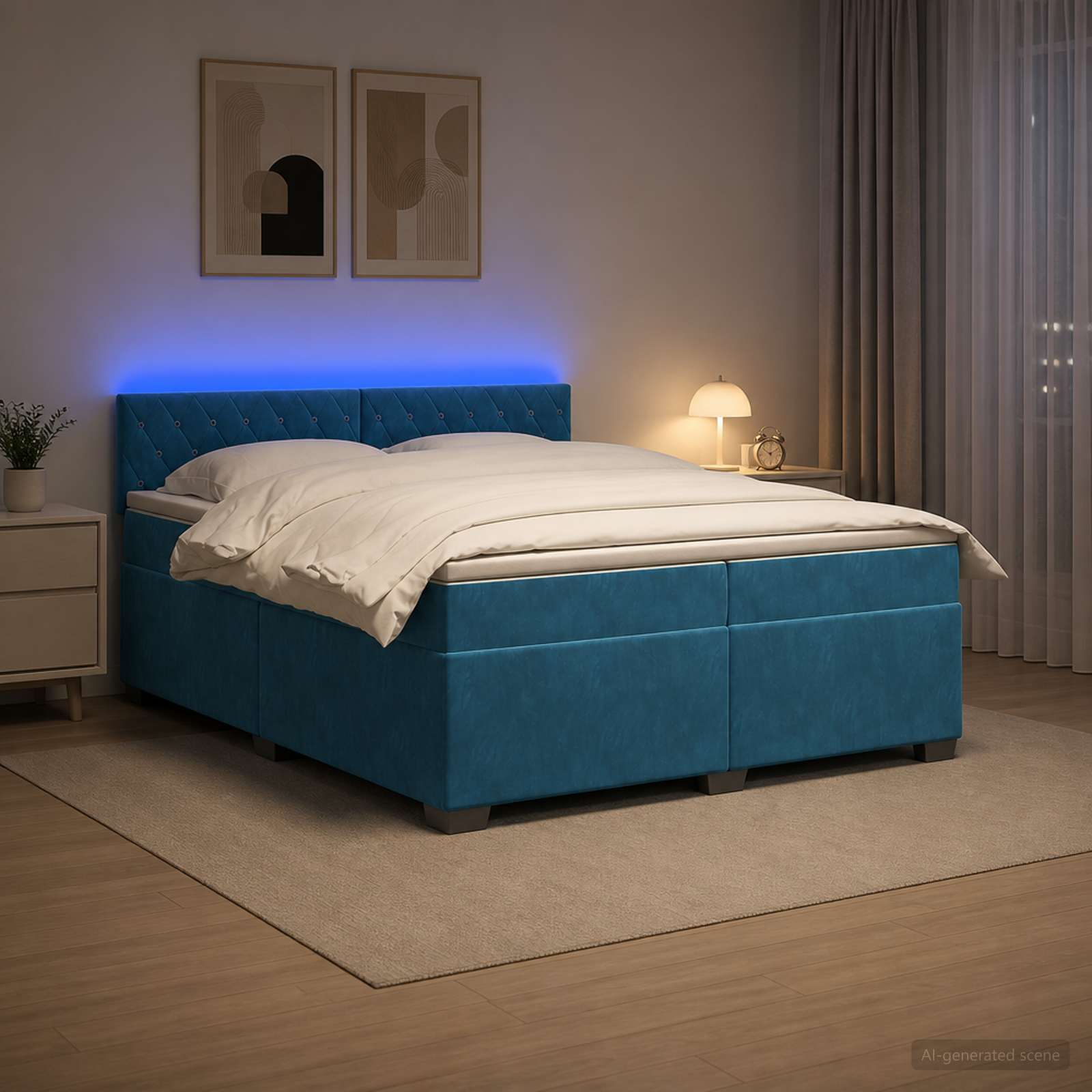 Легло с пружина и матрак с LED Синьо 200 x 200 cm Кадифе