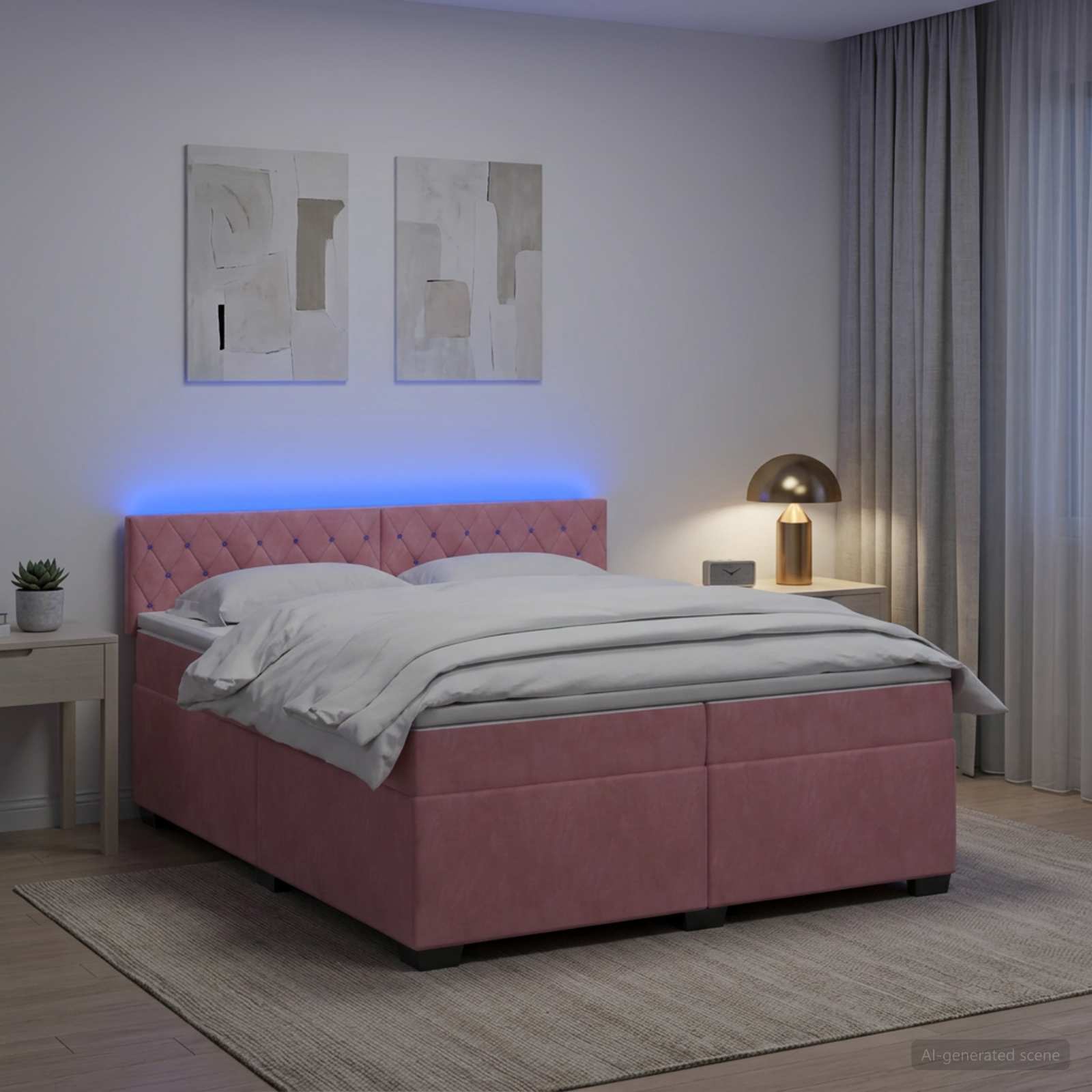 Postelja s pomičnim okvirjem, vzmetnico in LED Roza Žamet