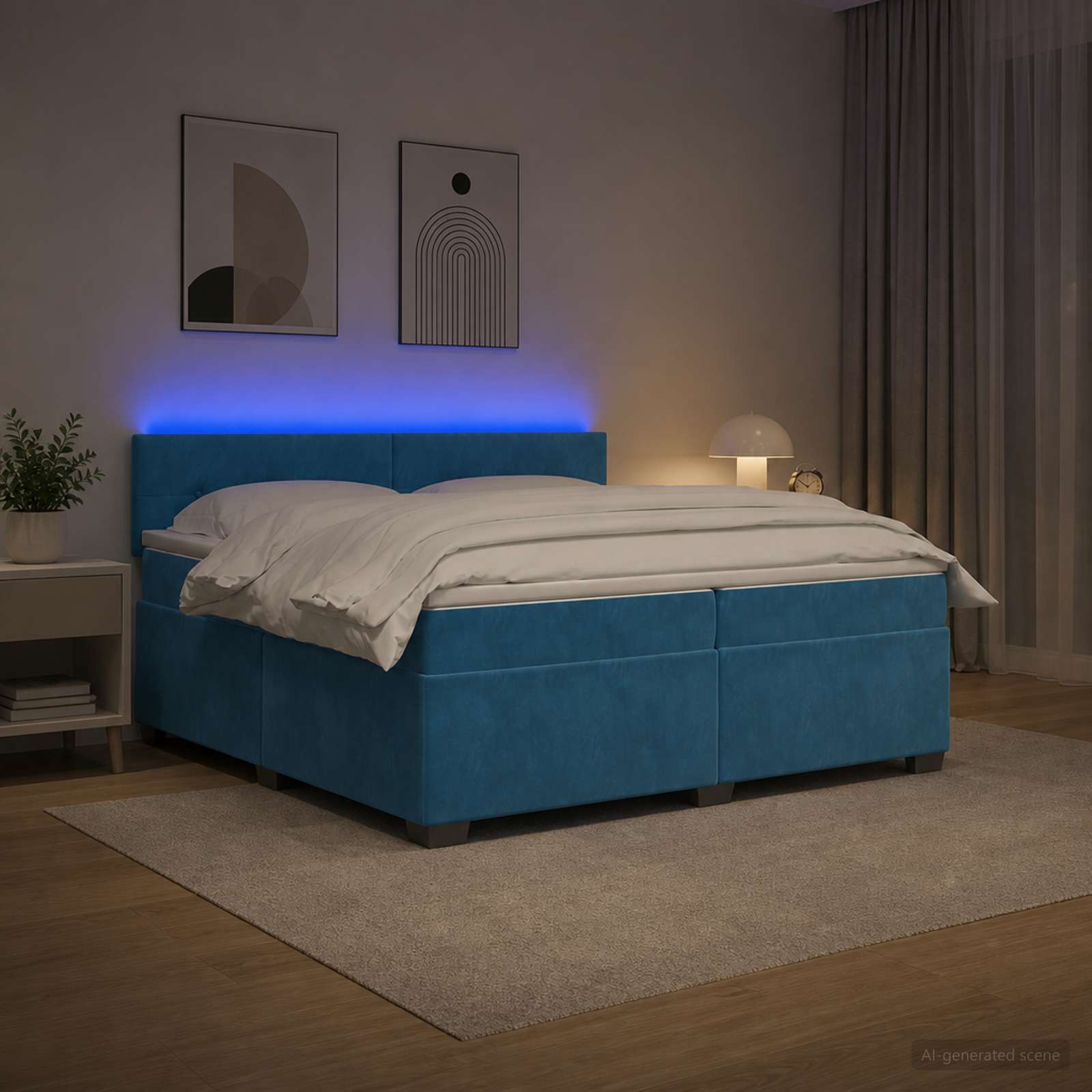 Легло с пружина и матрак с LED Синьо 200 x 200 cm Кадифе