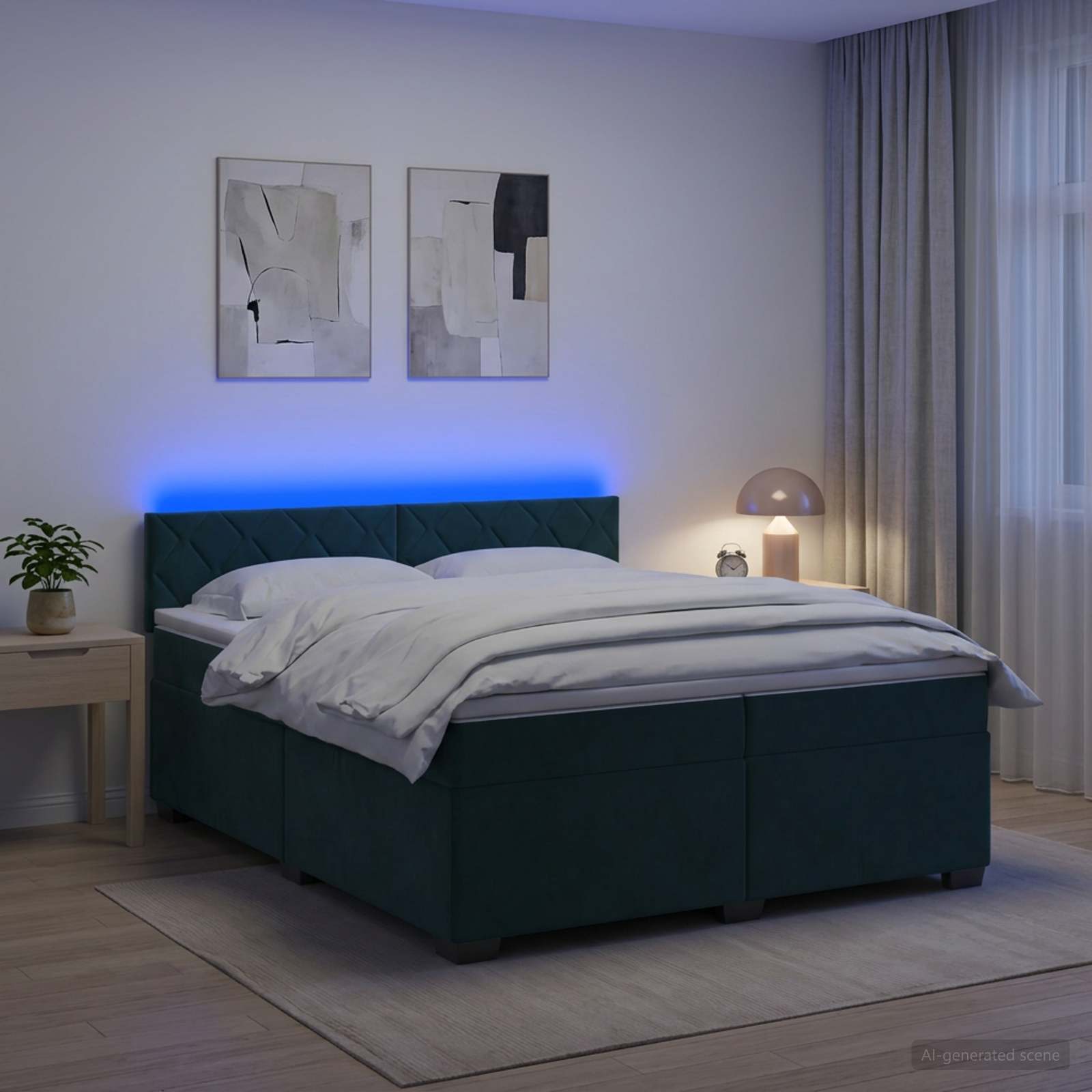 vidaXL Box Spring Seng med Madras og LED Mørkegrøn 200 x 200 cm Velour