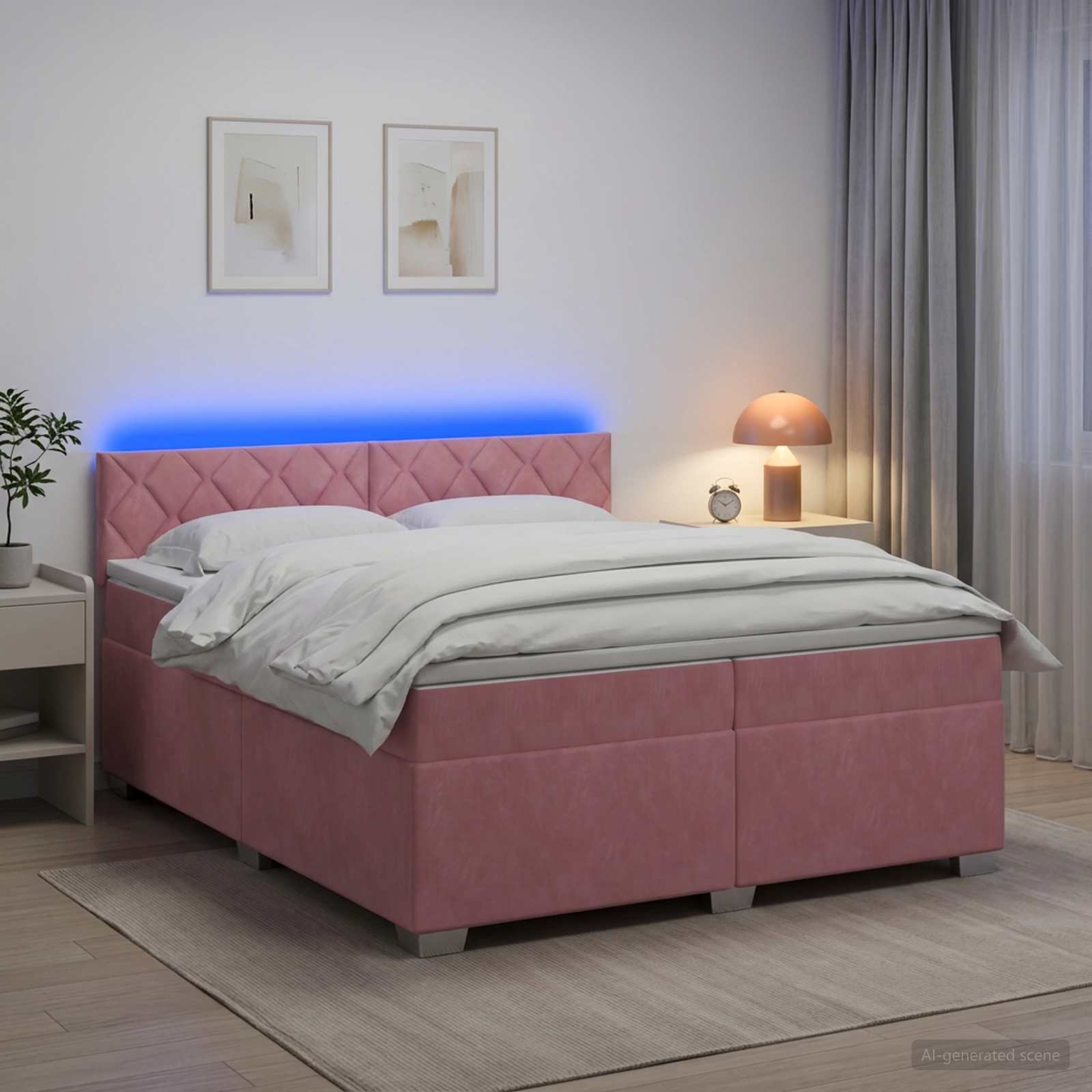 Легло с пружина и матрак с LED Розово 200 x 200 cm Кадифе