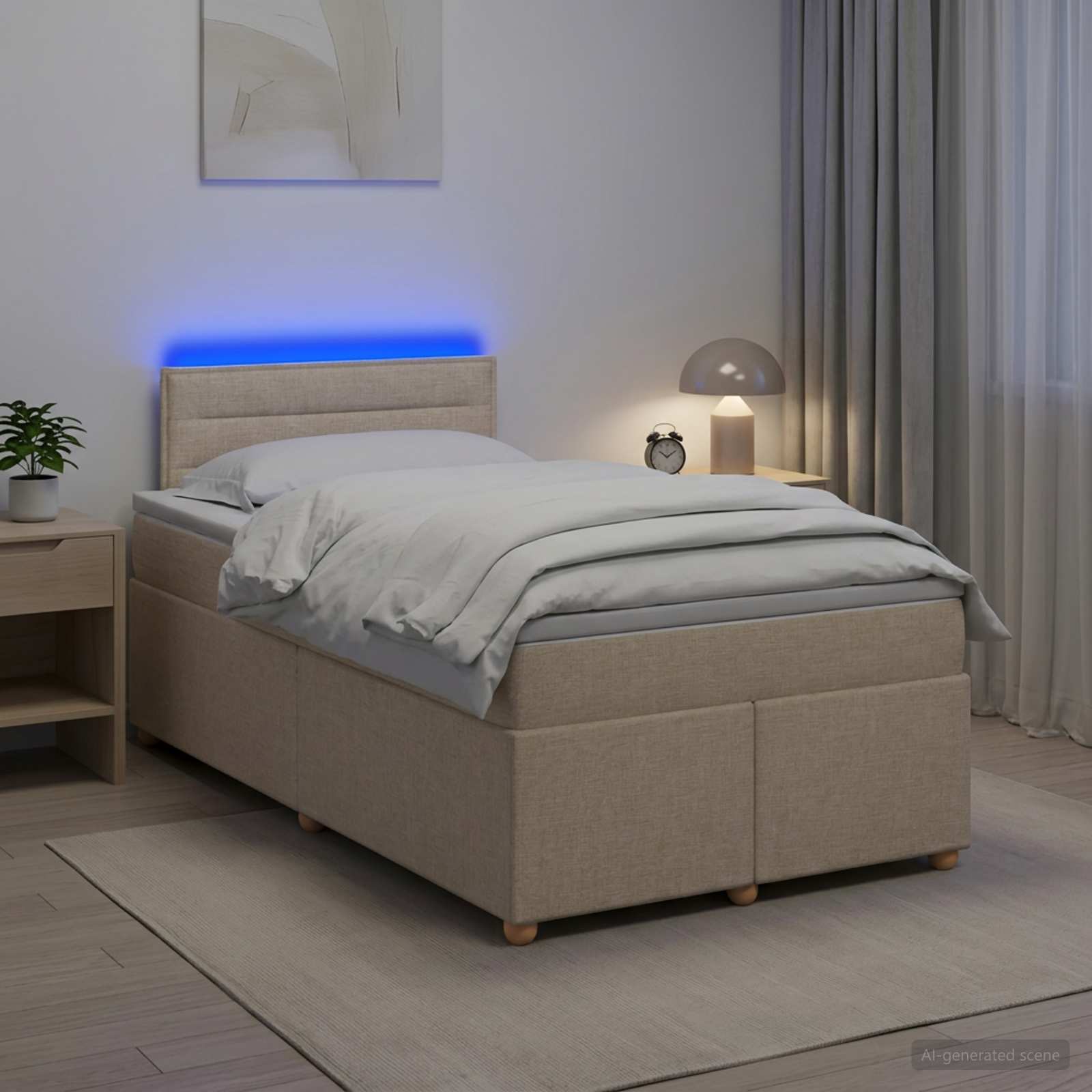 Boksmadrasseng med topmadras og LED 120 x 200 cm - cremefarvet stof