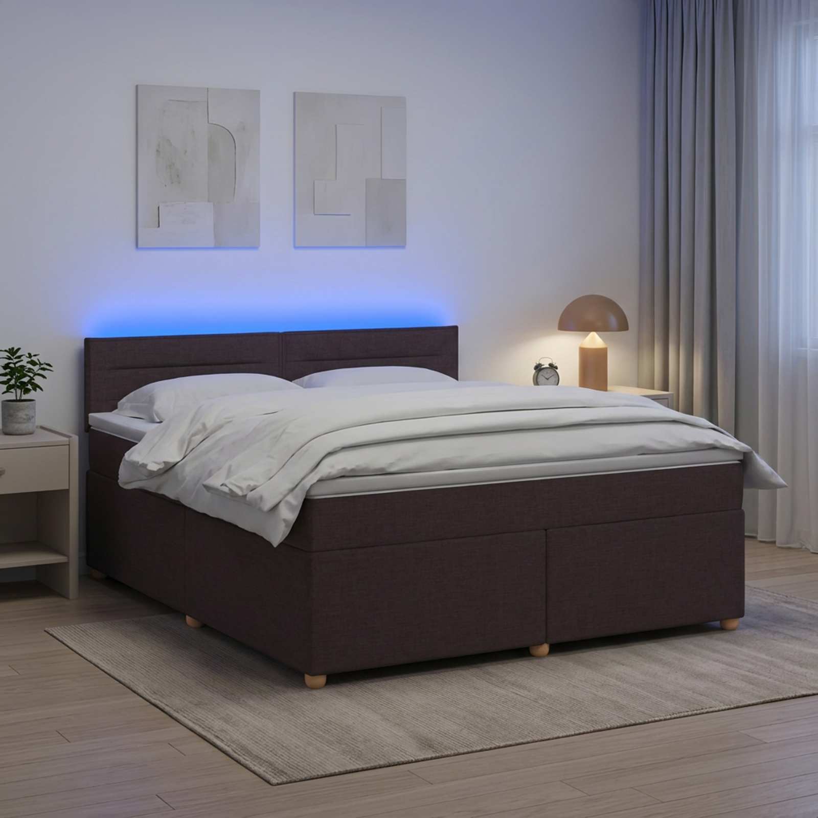 Boksmadrasseng med madras og topmadras 140 x 200 cm mørk brun stof med LED