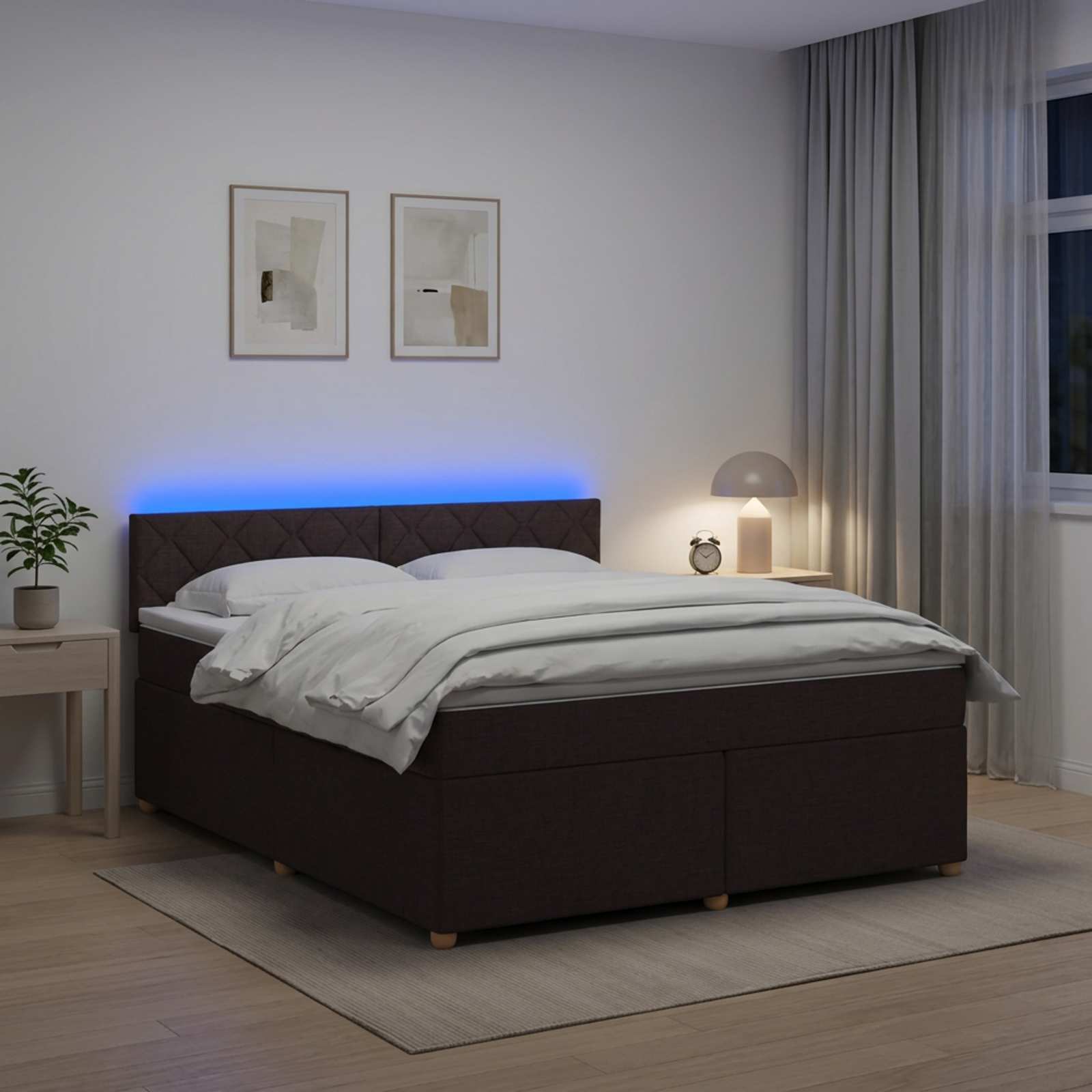 Boksmadrasseng med madras, topmadras og LED - mørk brun 160 x 200 cm