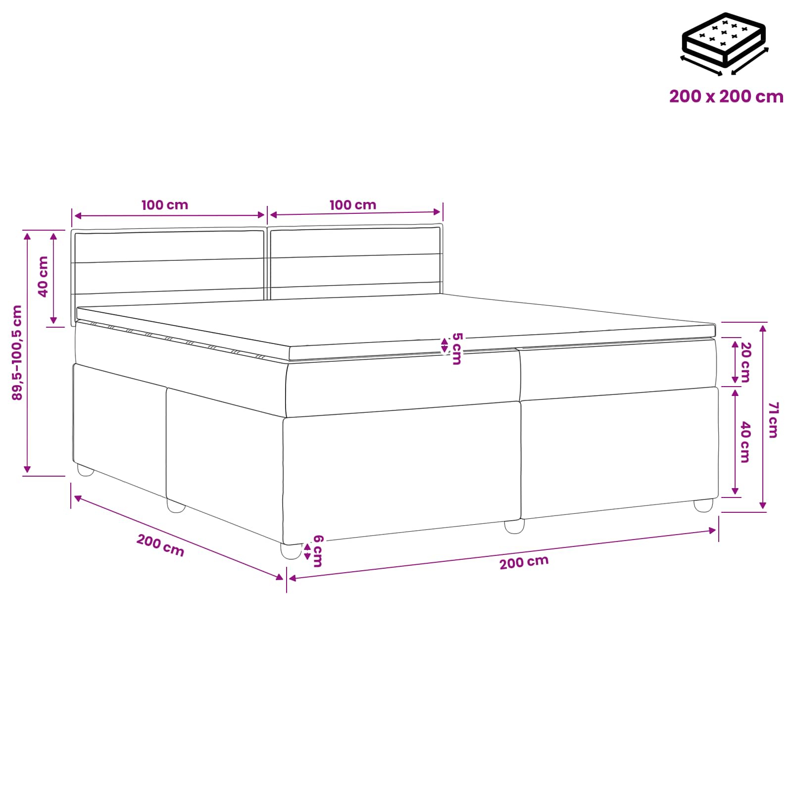 Postelja boxspring z vzmetnico Črna 200 x 200 cm Blago
