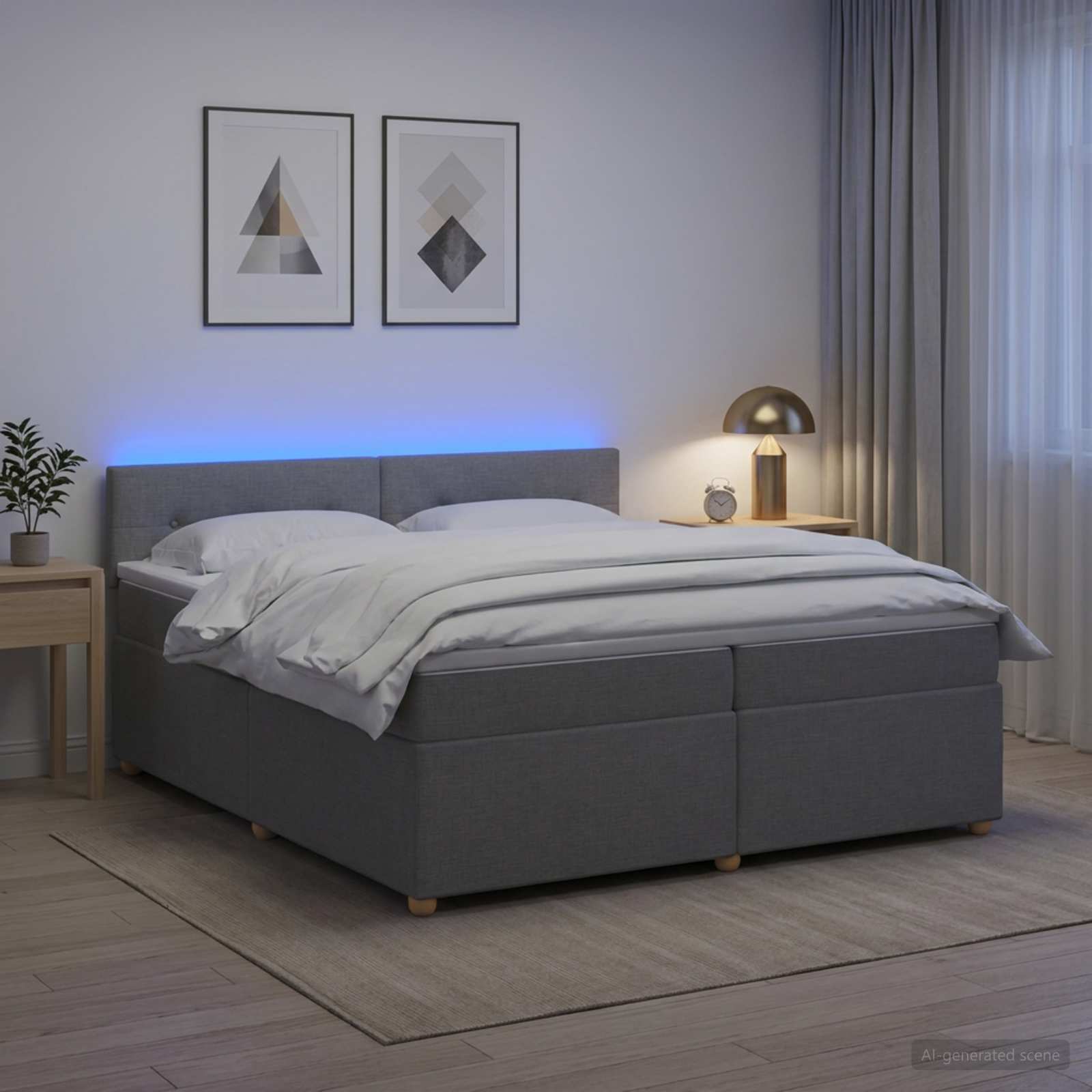 Boksmadrasseng med topmadras 200 x 200 cm lysegrå stof og LED